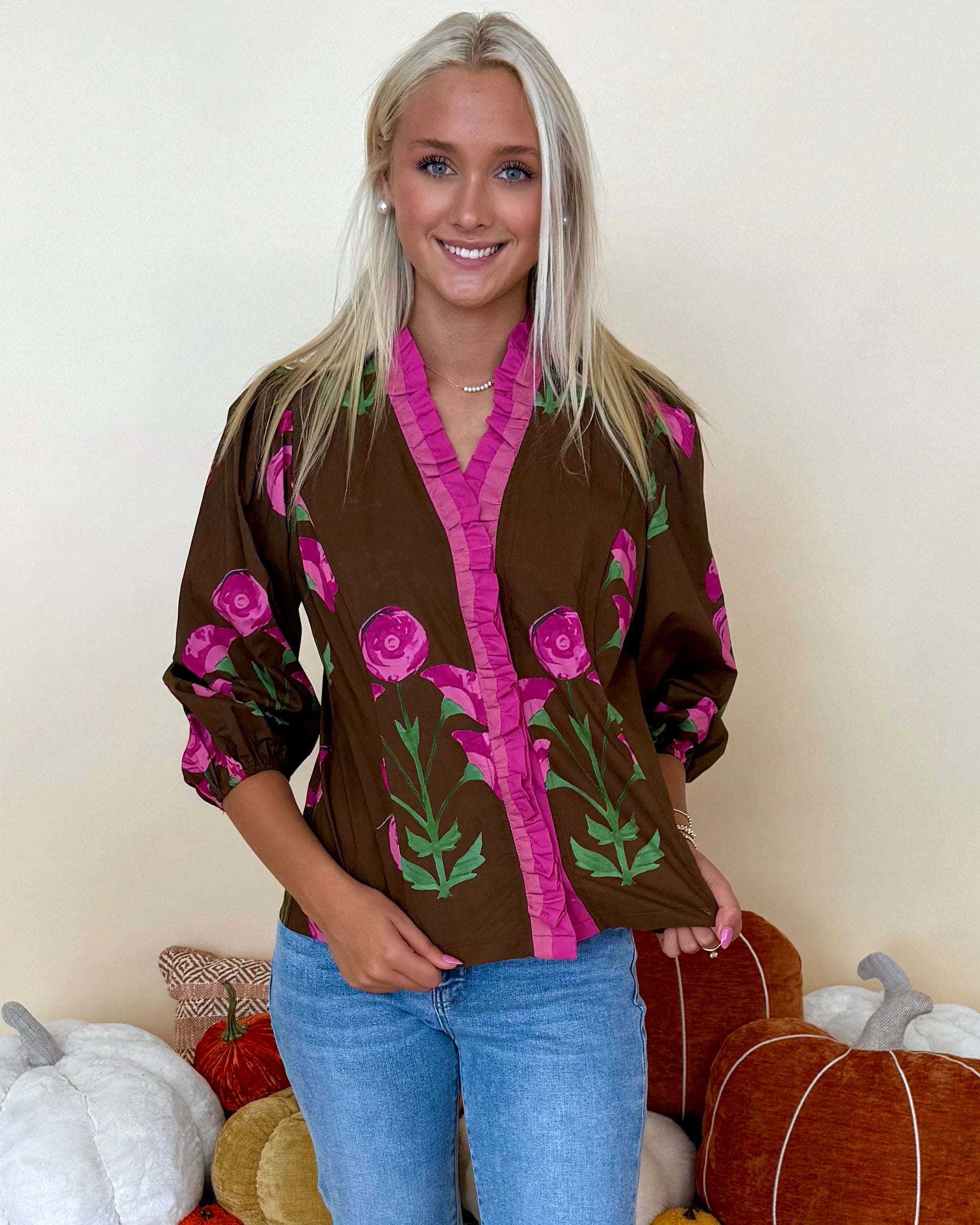 Love To Find Brown Mix Floral Ruffle Top-Shop-Womens-Boutique-Clothing