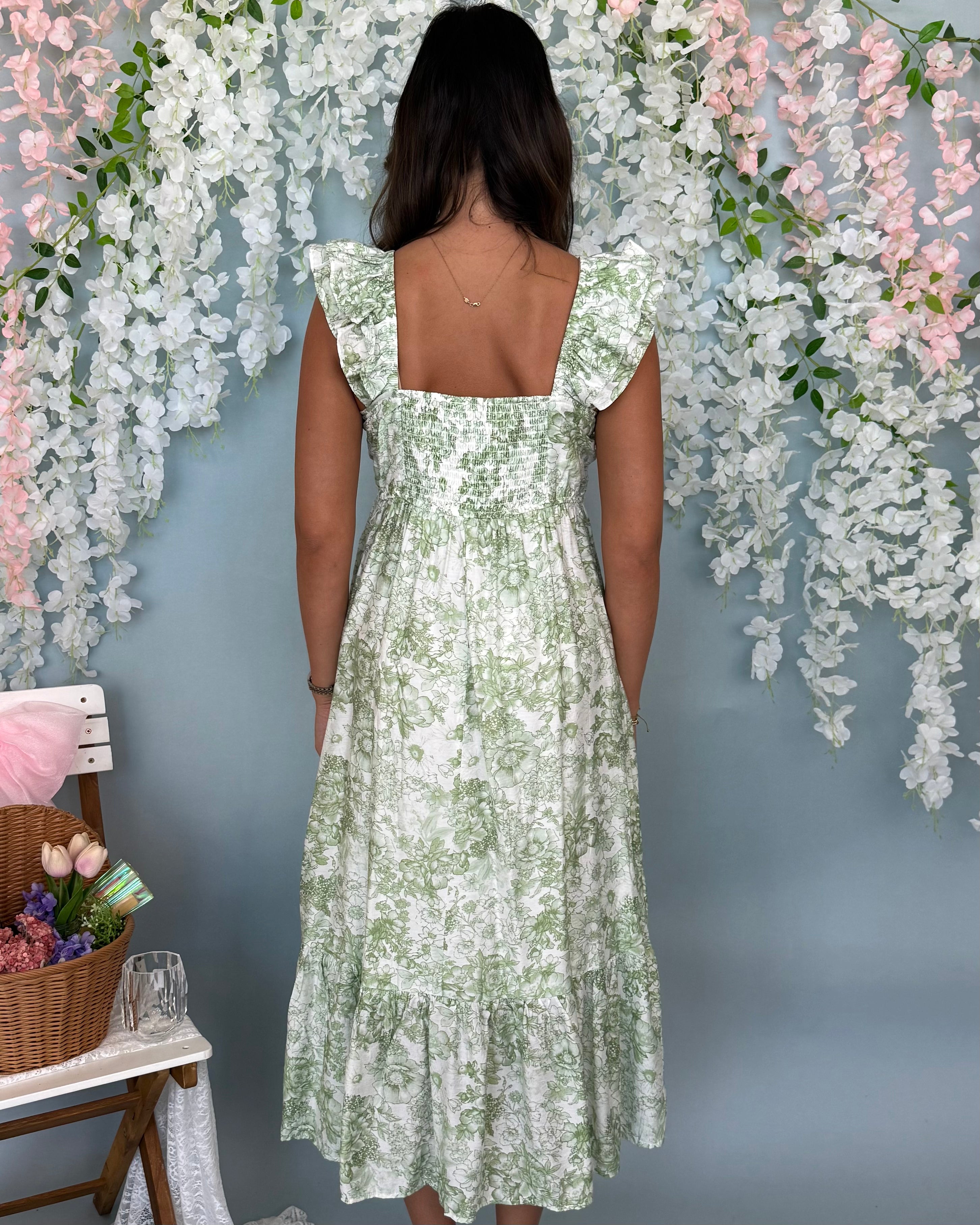 Park Picnic Green Pleated Floral Maxi Dress-Shop-Womens-Boutique-Clothing