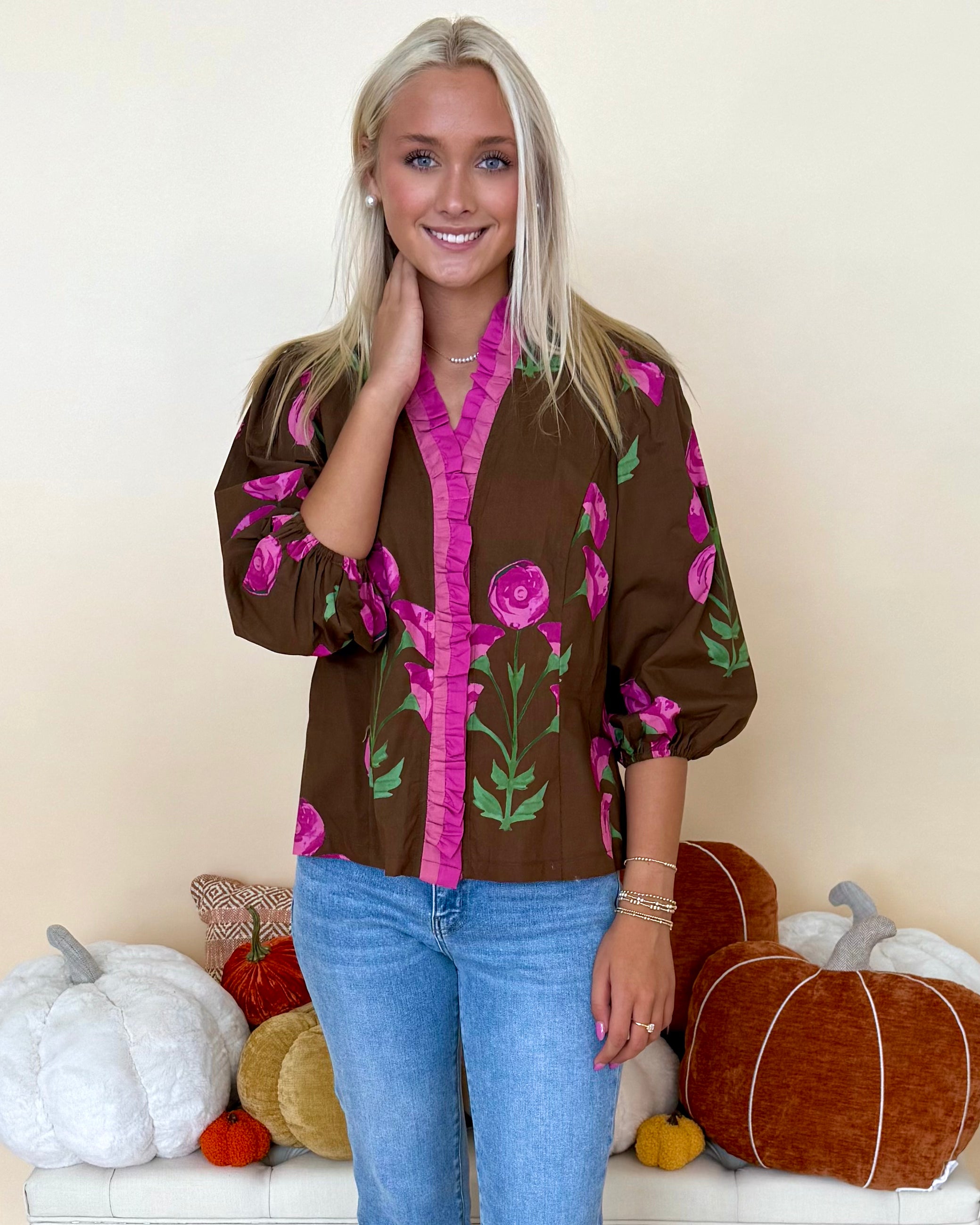 Love To Find Brown Mix Floral Ruffle Top-Shop-Womens-Boutique-Clothing