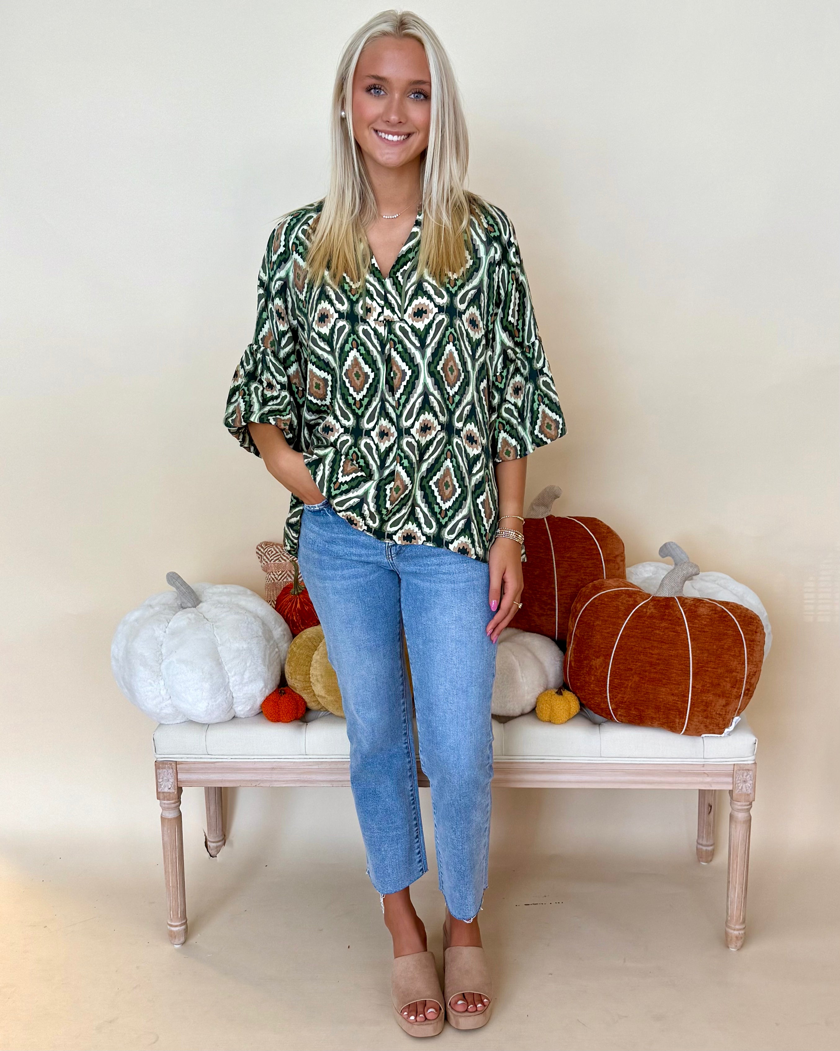 Live Simply Green Geo Print Ruffle Top-Shop-Womens-Boutique-Clothing