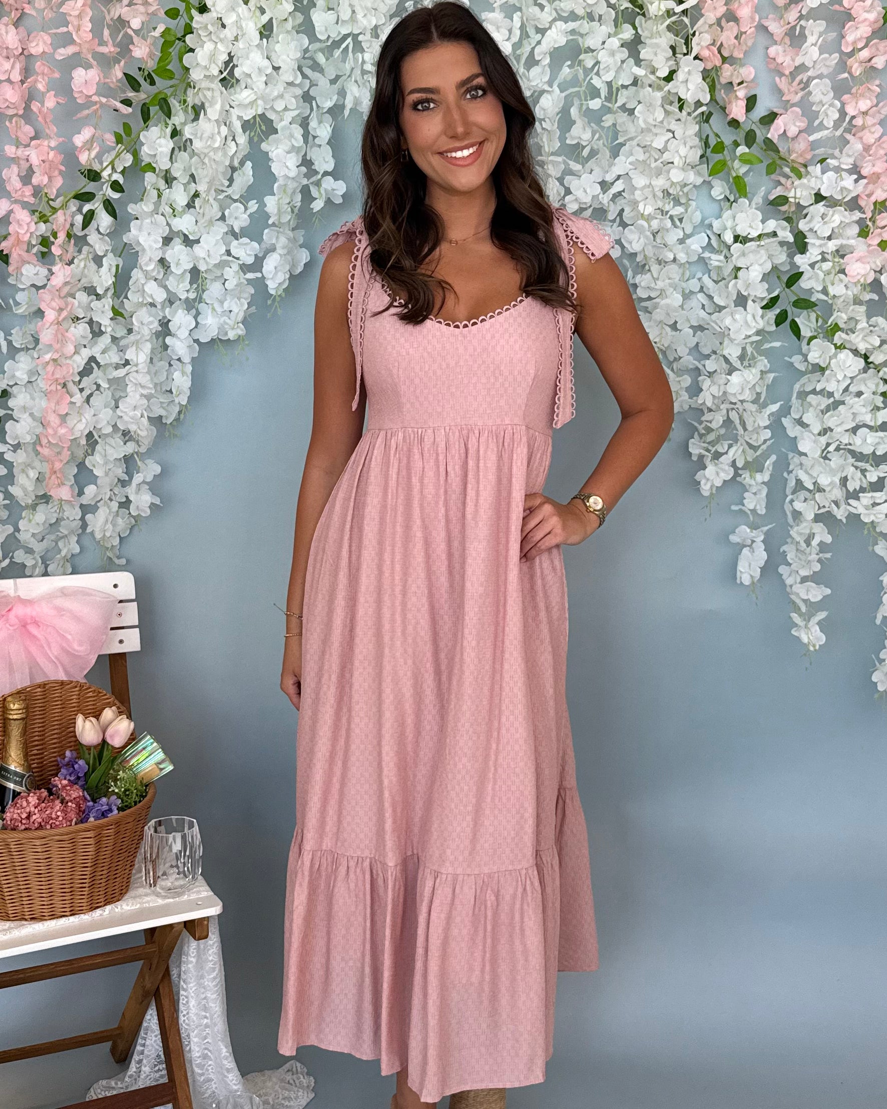 Quiet Skies Light Pink Eyelet Midi Dress-Shop-Womens-Boutique-Clothing