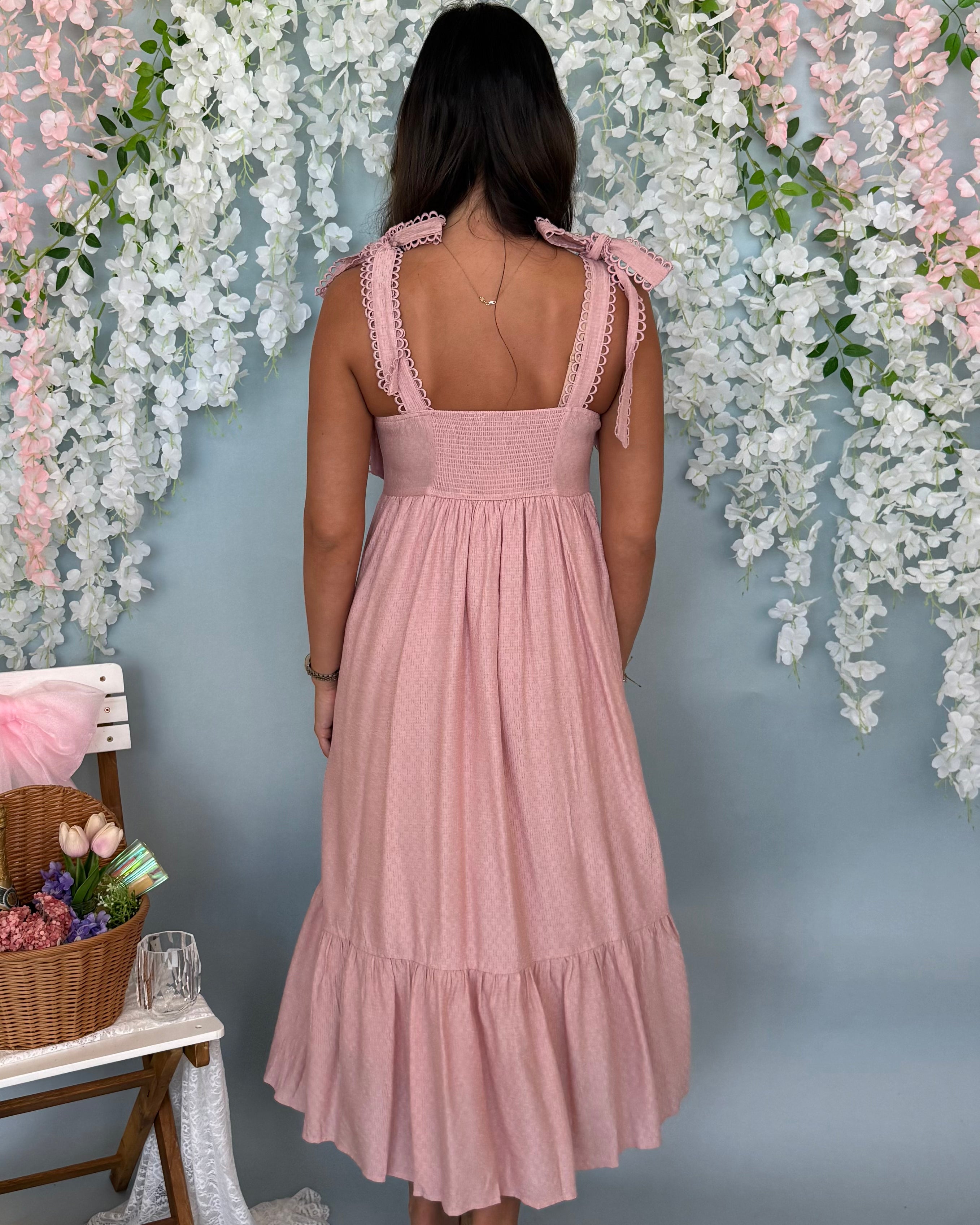 Quiet Skies Light Pink Eyelet Midi Dress-Shop-Womens-Boutique-Clothing