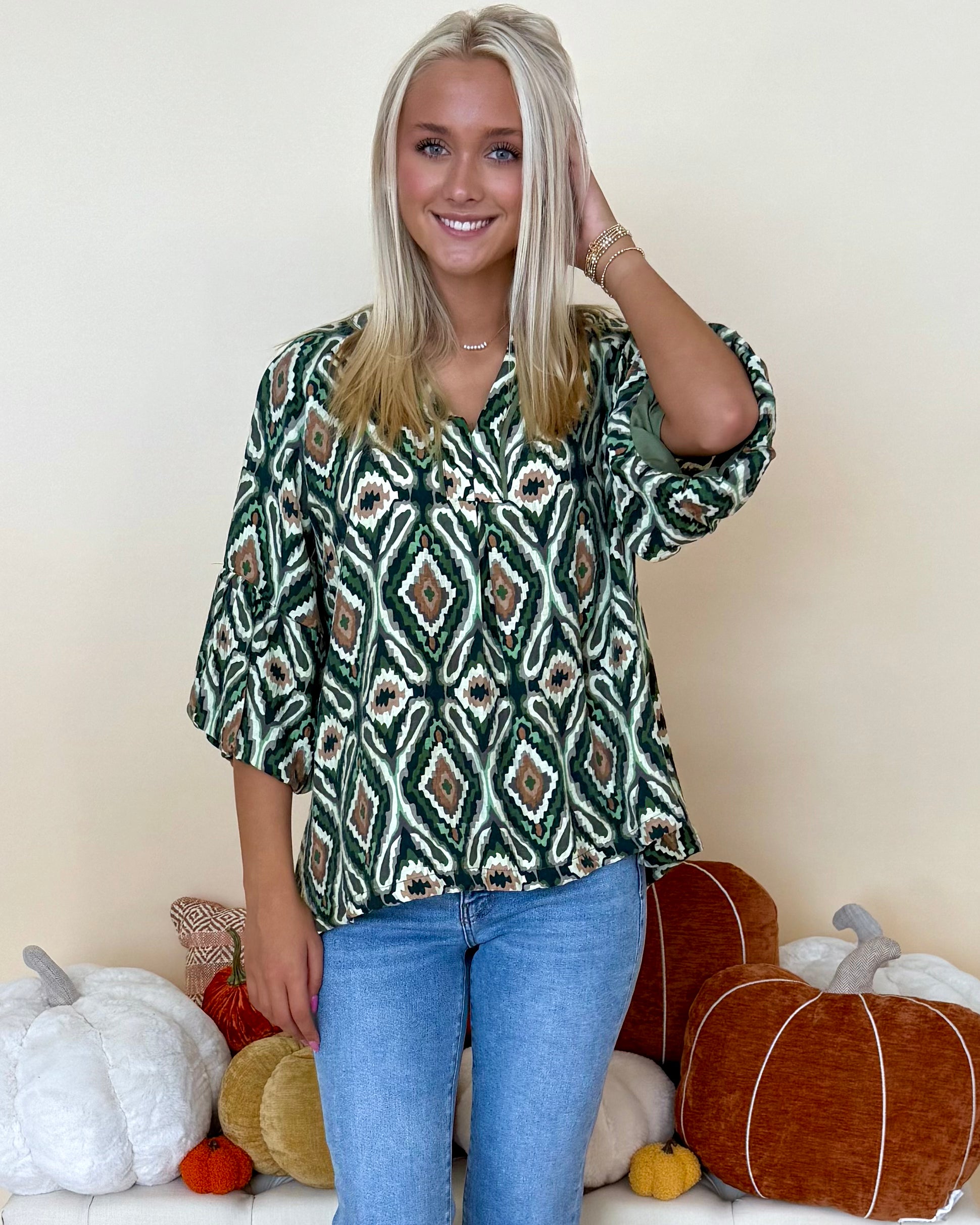 Live Simply Green Geo Print Ruffle Top-Shop-Womens-Boutique-Clothing