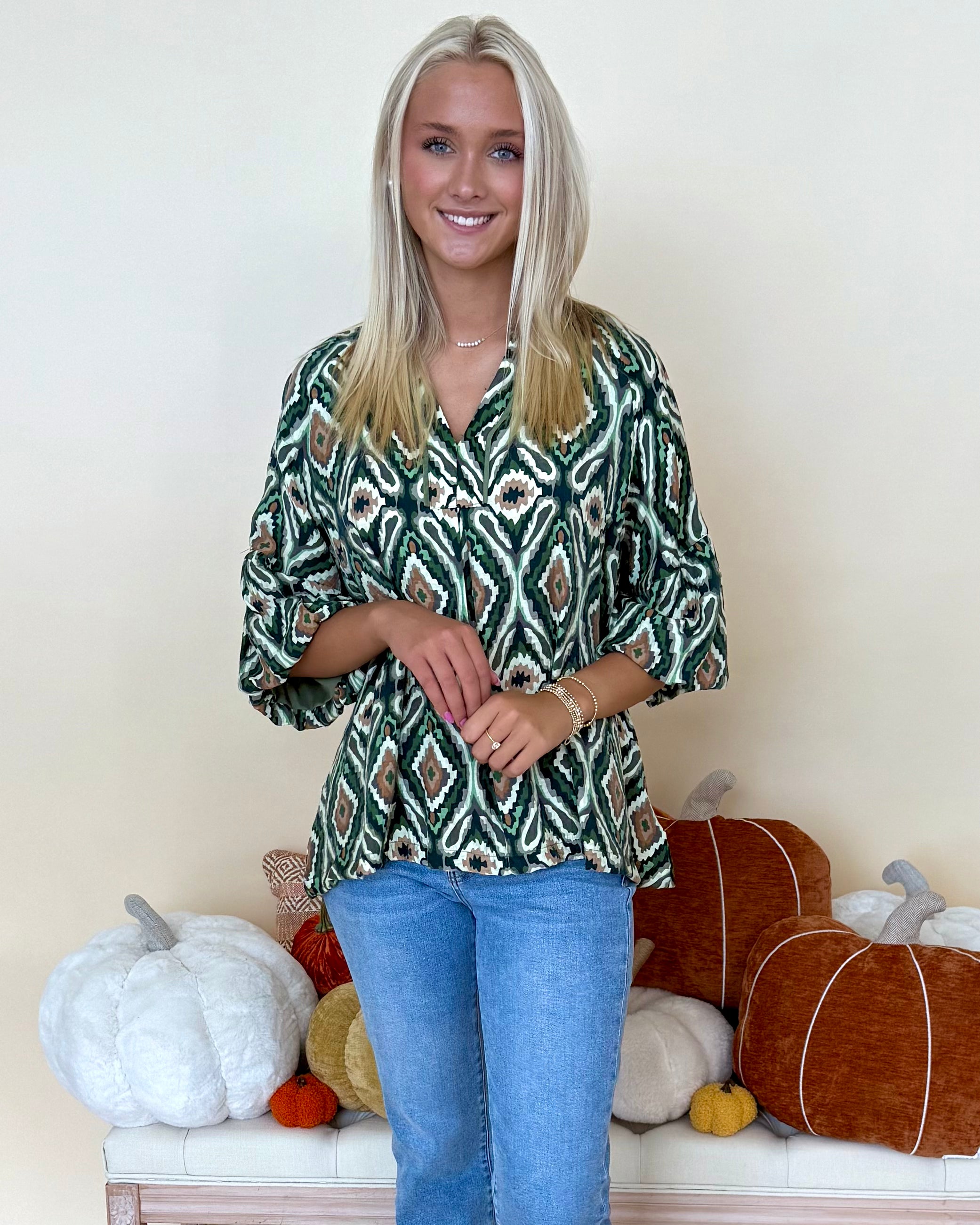 Live Simply Green Geo Print Ruffle Top-Shop-Womens-Boutique-Clothing