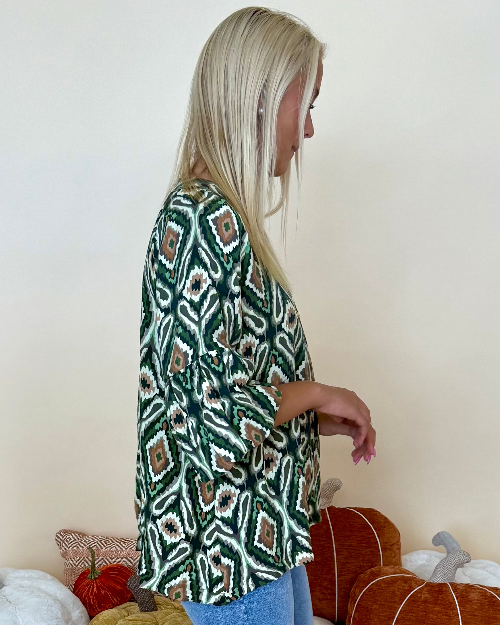 Live Simply Green Geo Print Ruffle Top-Shop-Womens-Boutique-Clothing