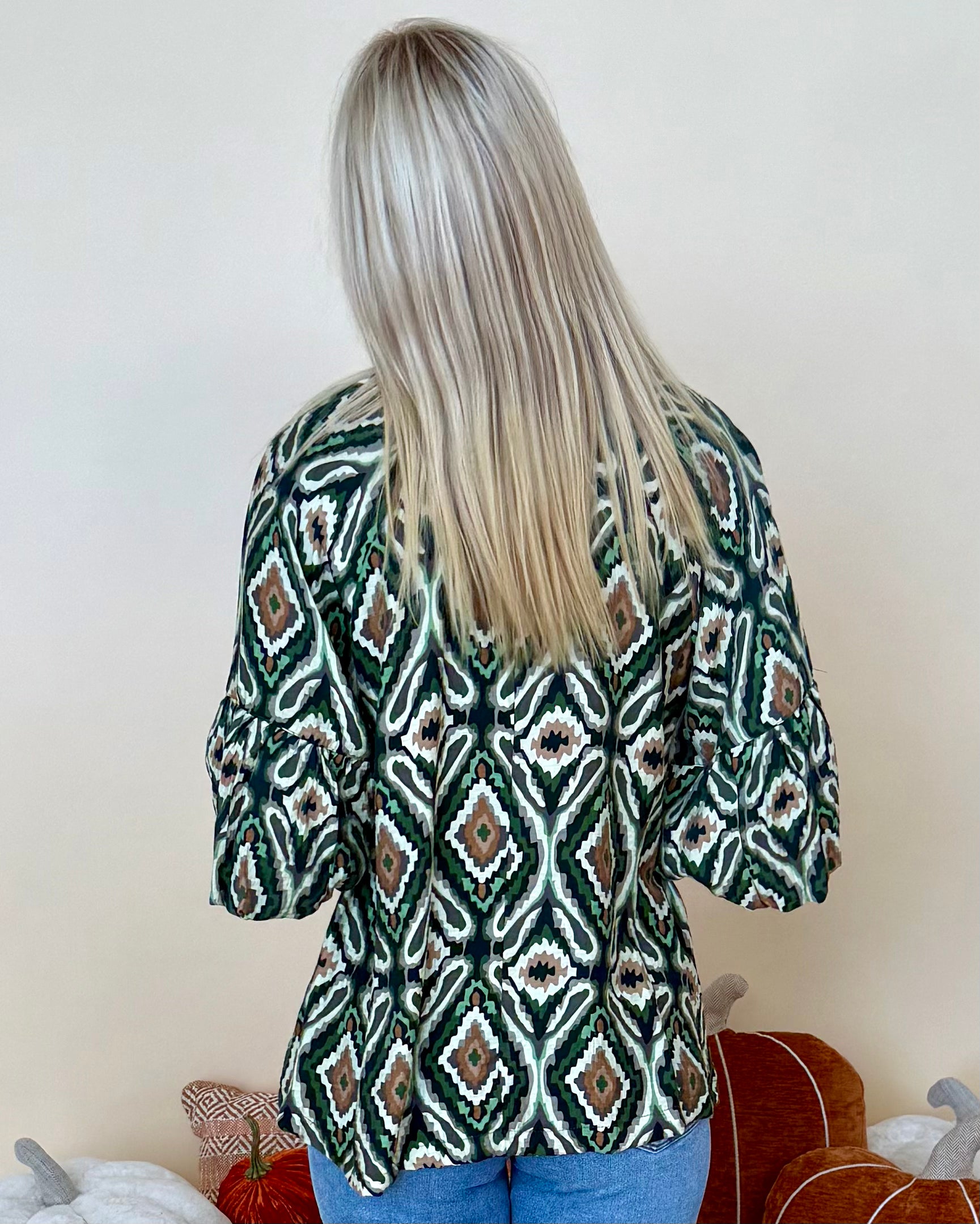 Live Simply Green Geo Print Ruffle Top-Shop-Womens-Boutique-Clothing