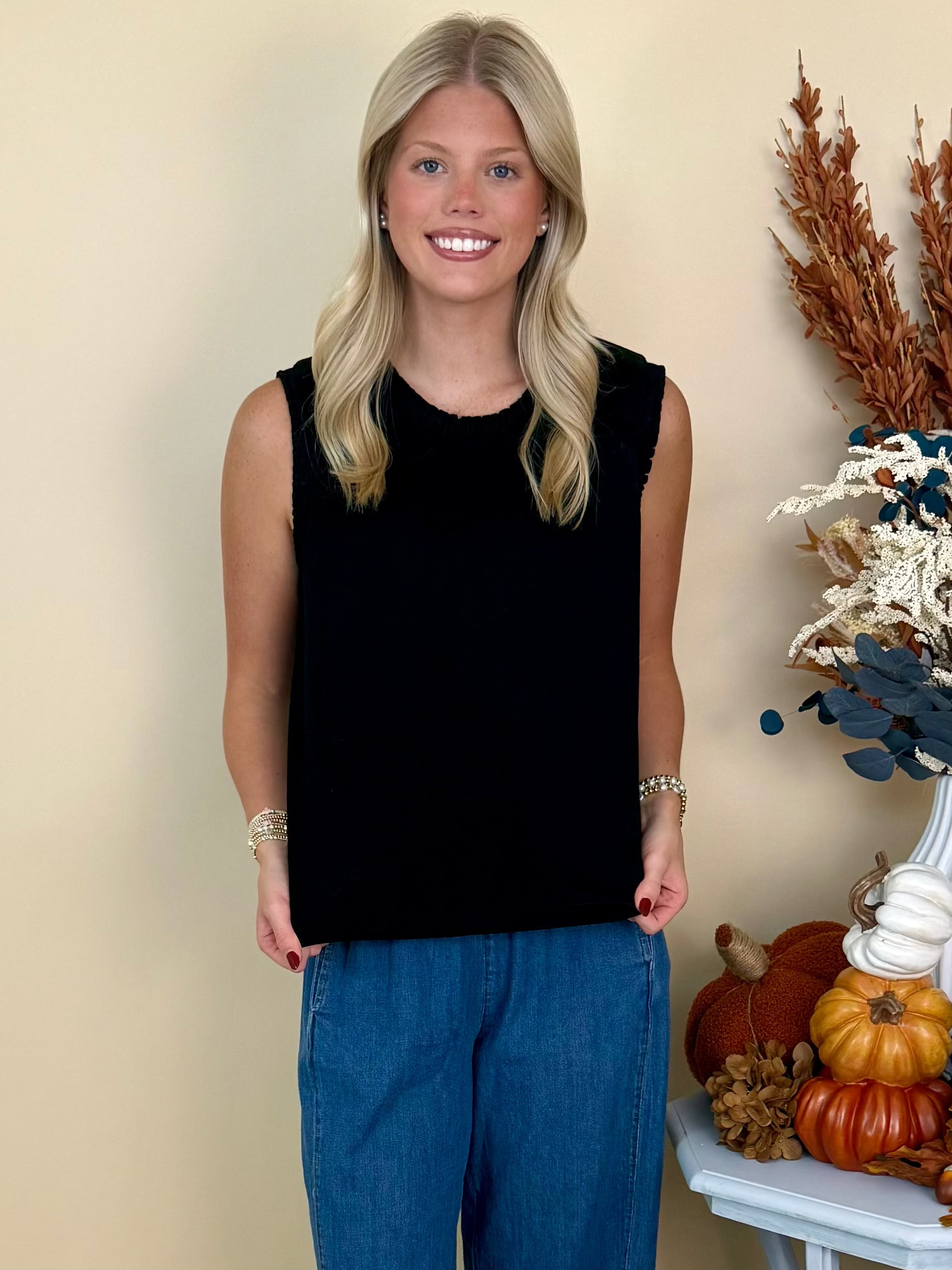 Forever Favorite Black Smocked Edge Tank Top-Shop-Womens-Boutique-Clothing