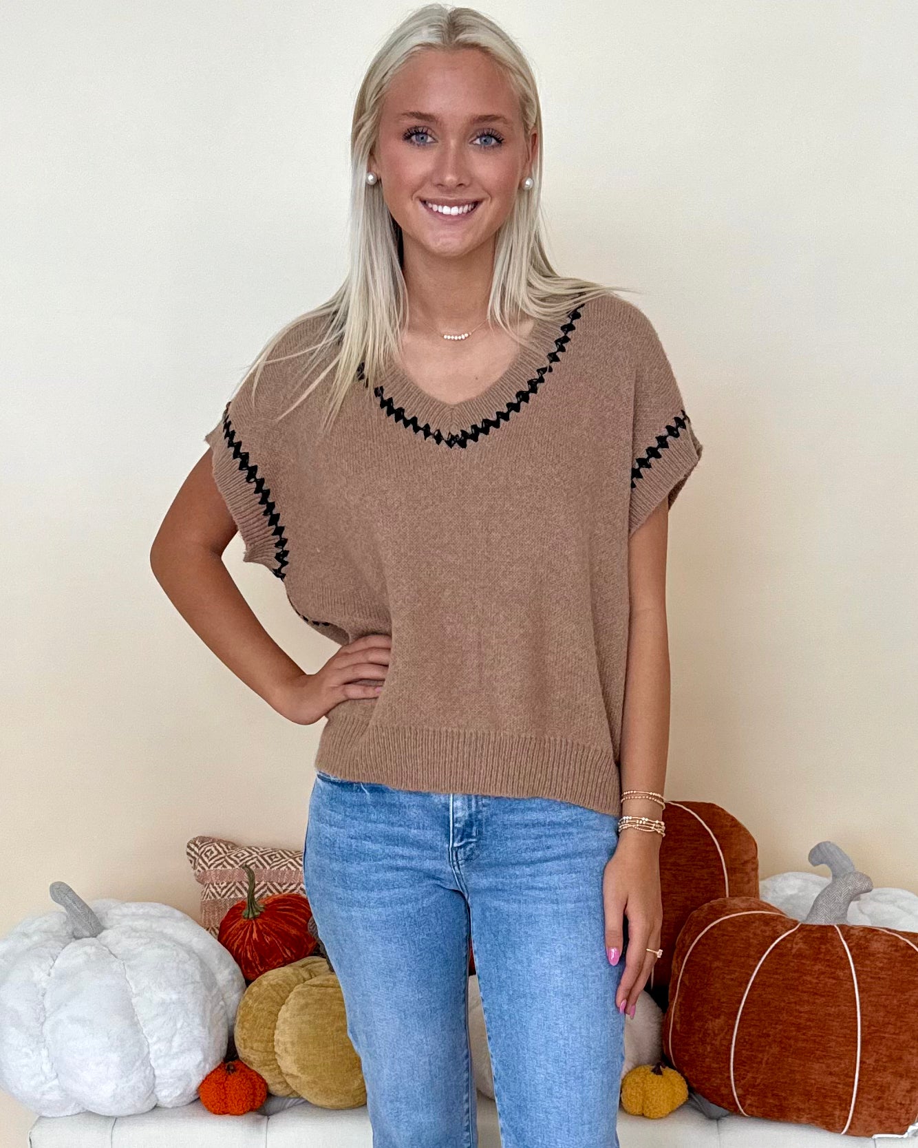 Coming Out Latte Sleeveless Stitch Sweater-Shop-Womens-Boutique-Clothing