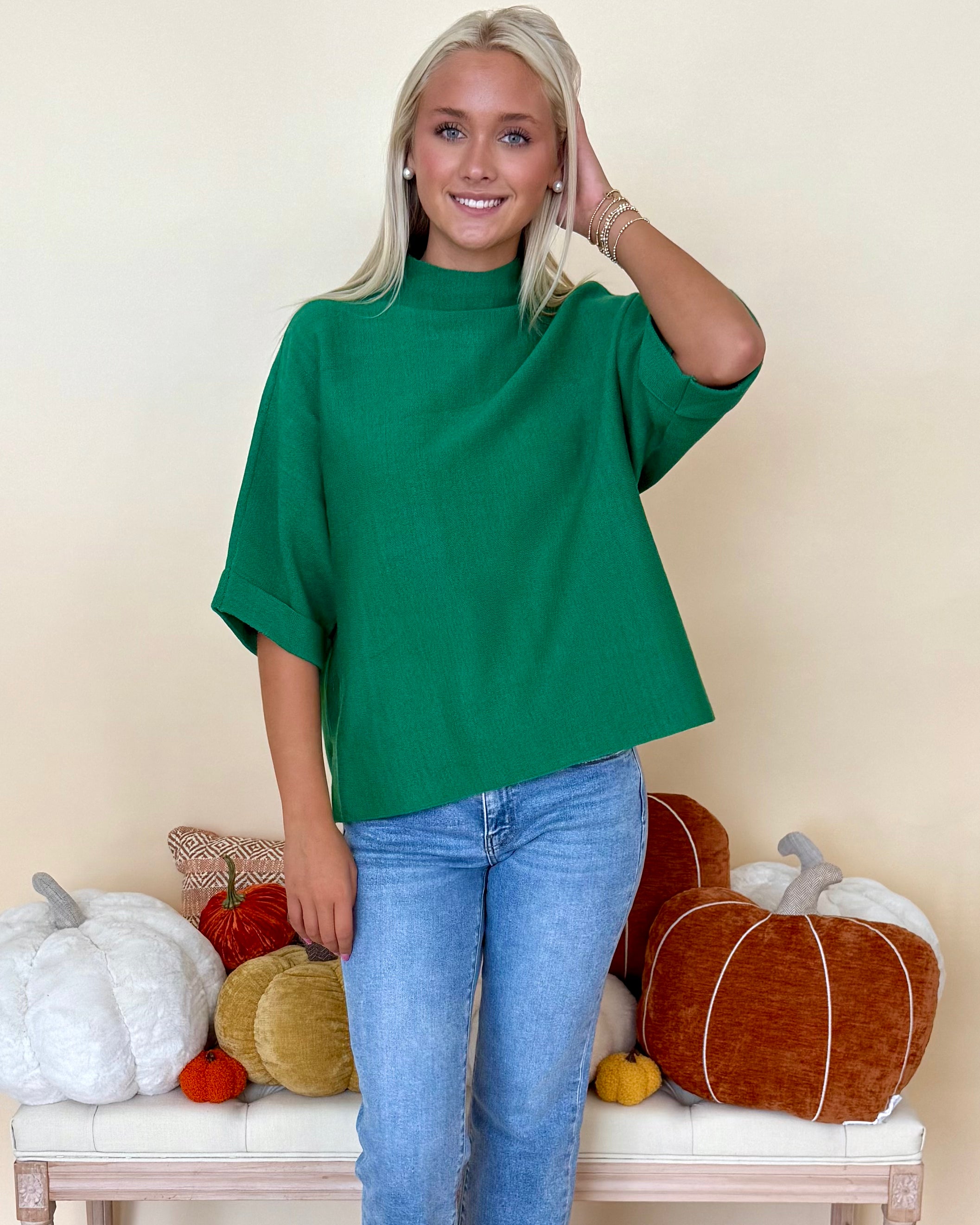 Woodland Wanderer Hunter Green Mock Neck Sweater-Shop-Womens-Boutique-Clothing