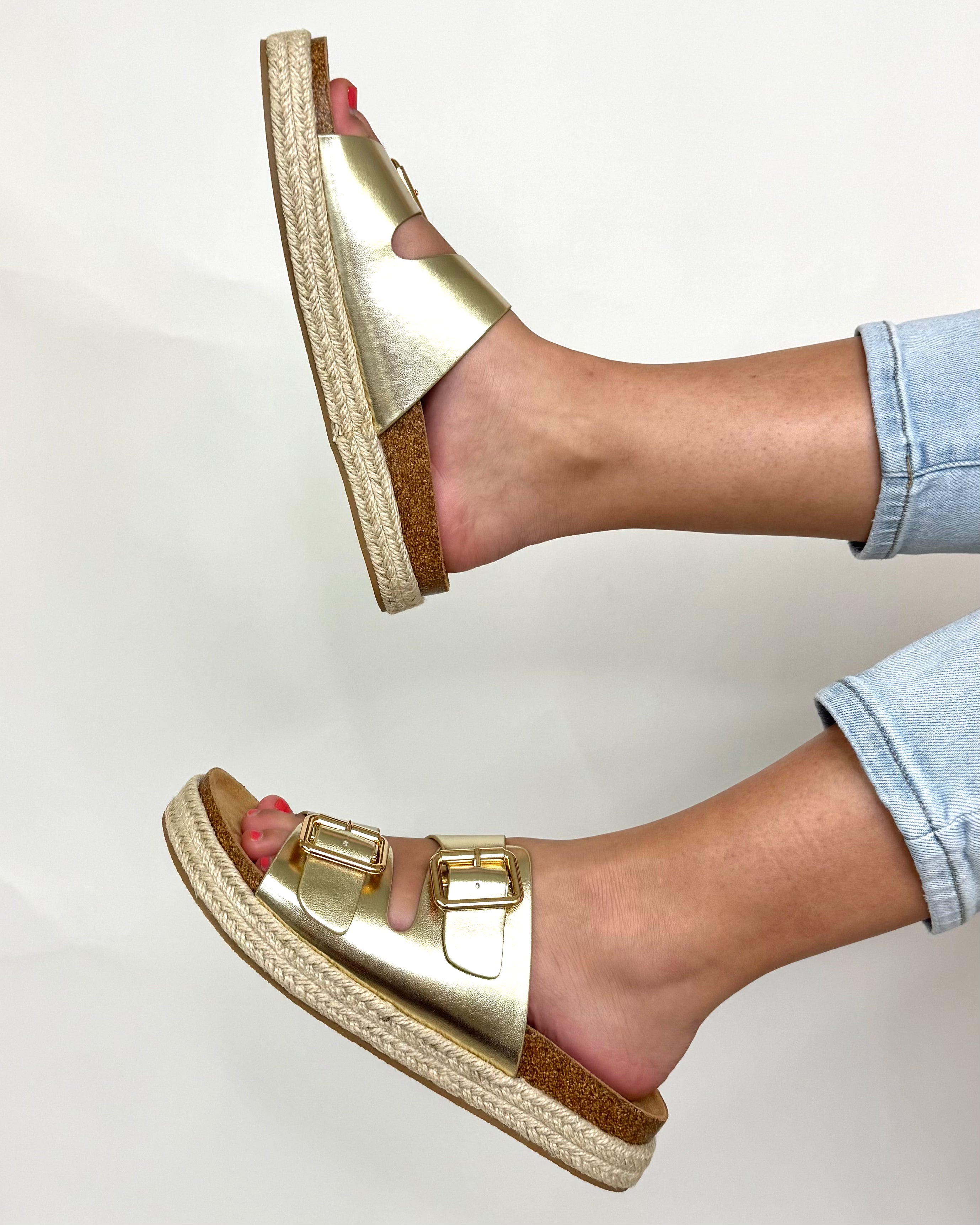 Helen Light Gold Double Buckle Strap Sandal-Shop-Womens-Boutique-Clothing