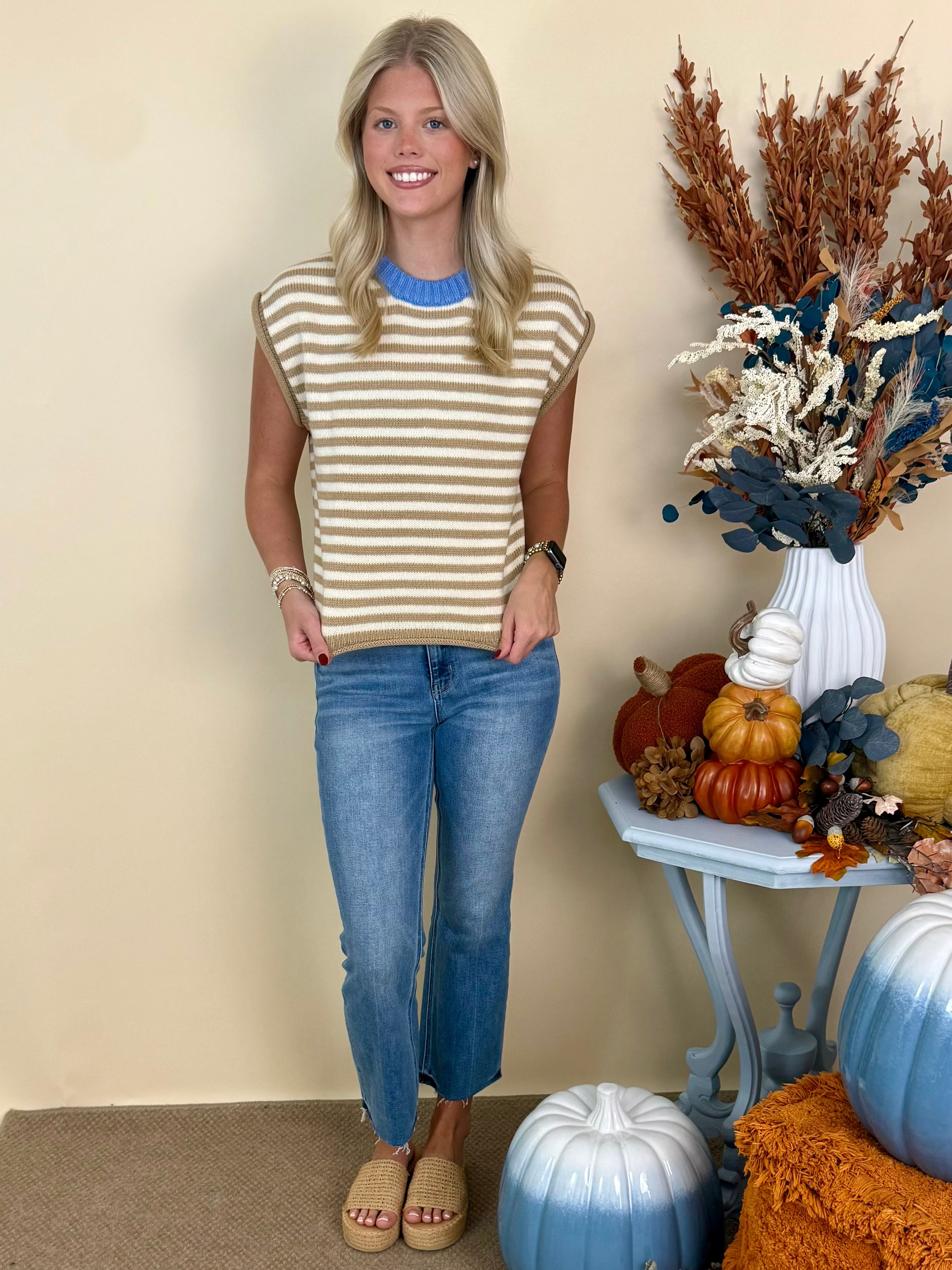 Bold Ambition Taupe Striped Sleeveless Sweater-Shop-Womens-Boutique-Clothing