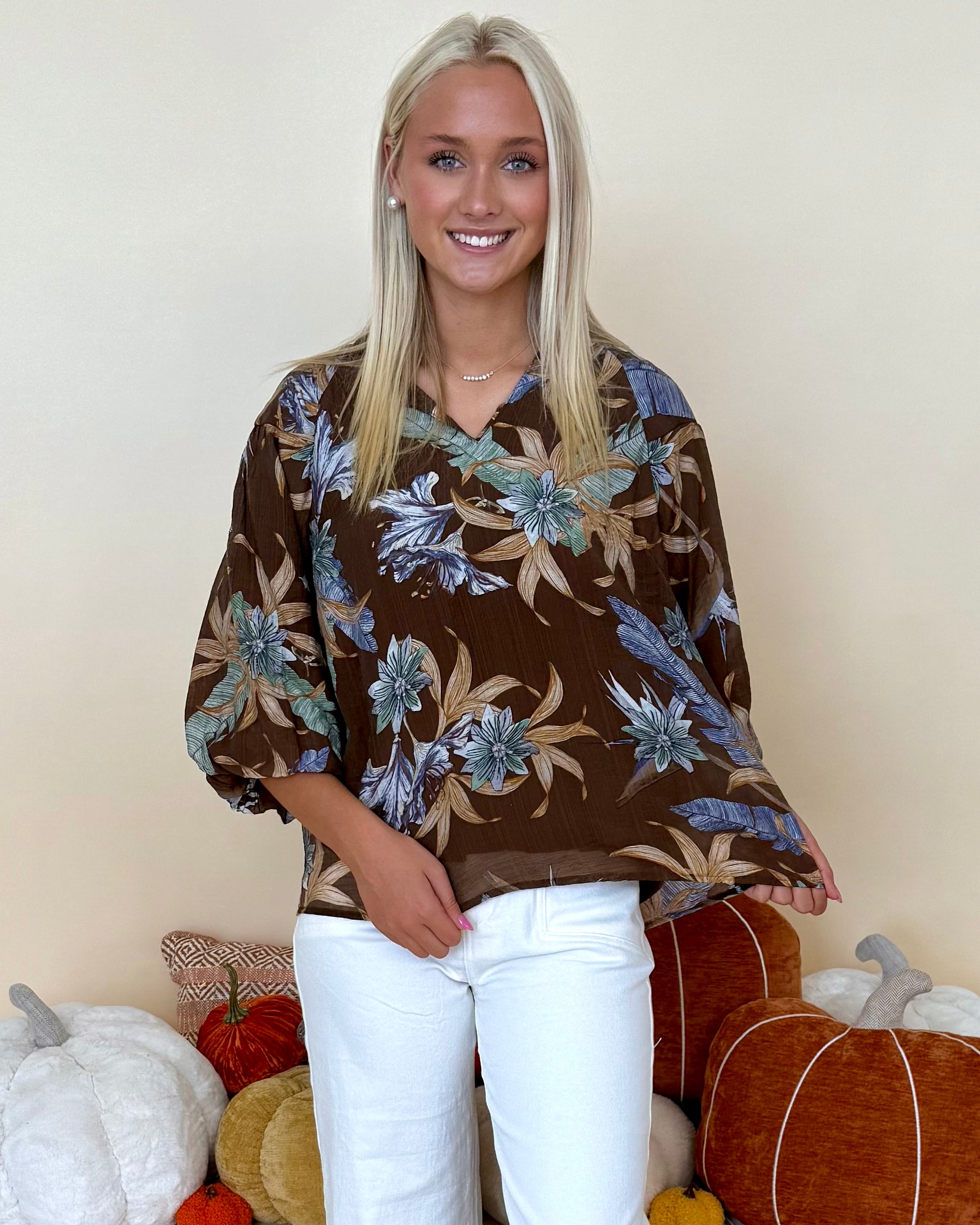 Always First Brown Mix Floral 3/4 Sleeve Top-Shop-Womens-Boutique-Clothing