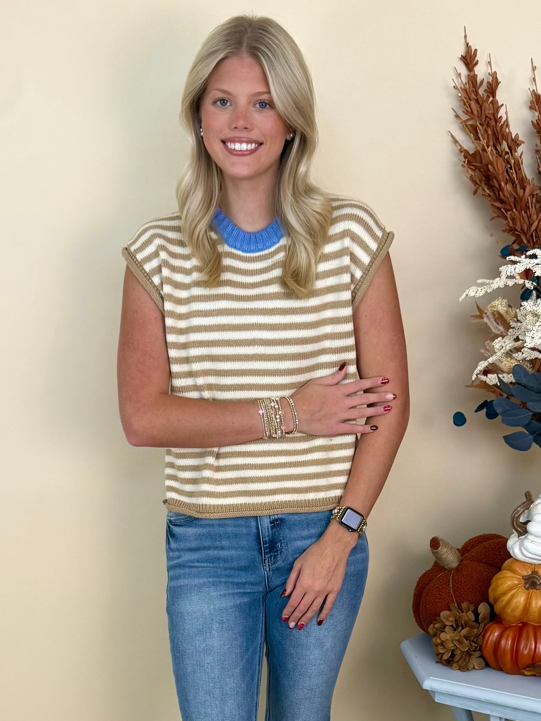 Bold Ambition Taupe Striped Sleeveless Sweater-Shop-Womens-Boutique-Clothing