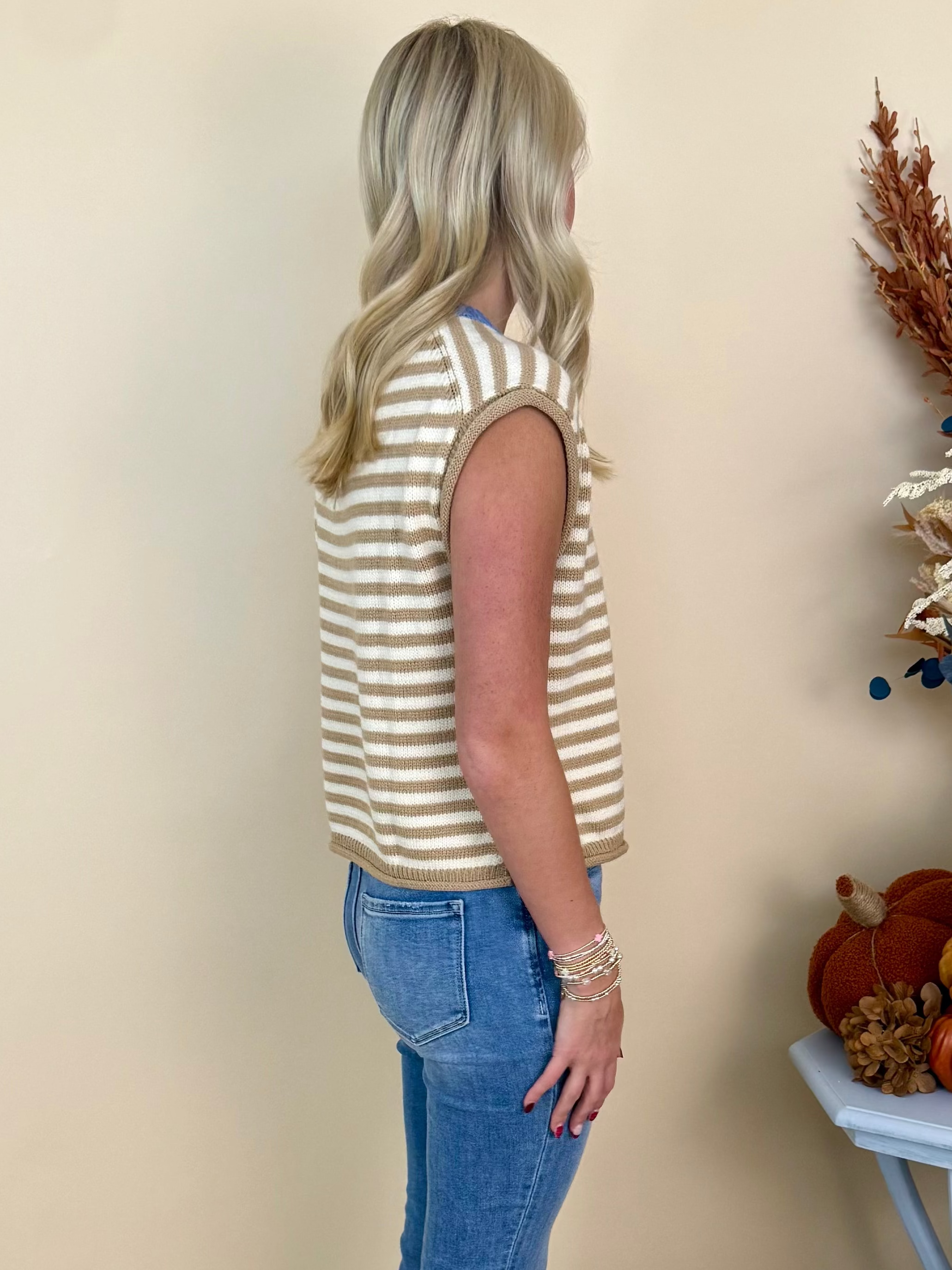 Bold Ambition Taupe Striped Sleeveless Sweater-Shop-Womens-Boutique-Clothing