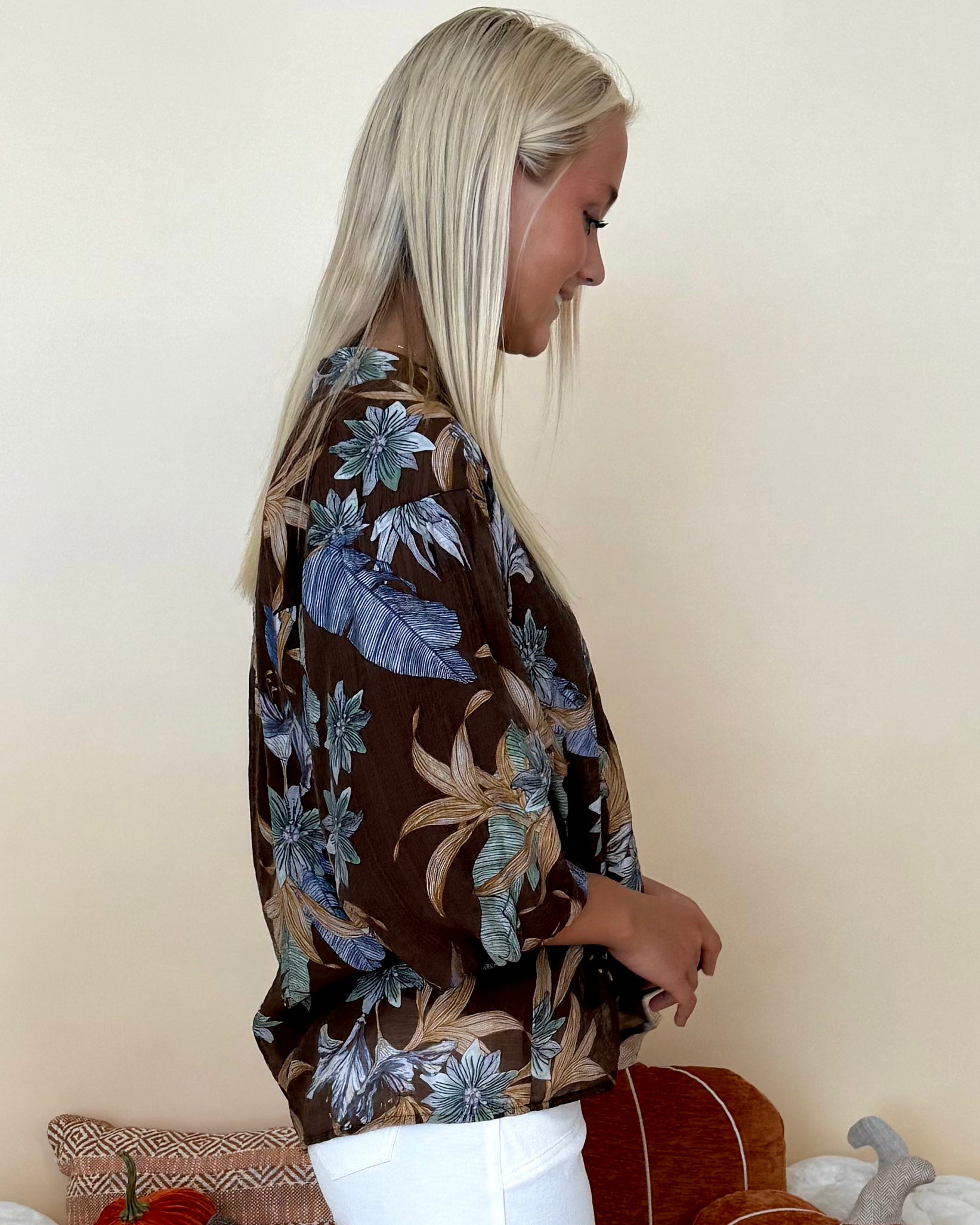 Always First Brown Mix Floral 3/4 Sleeve Top-Shop-Womens-Boutique-Clothing