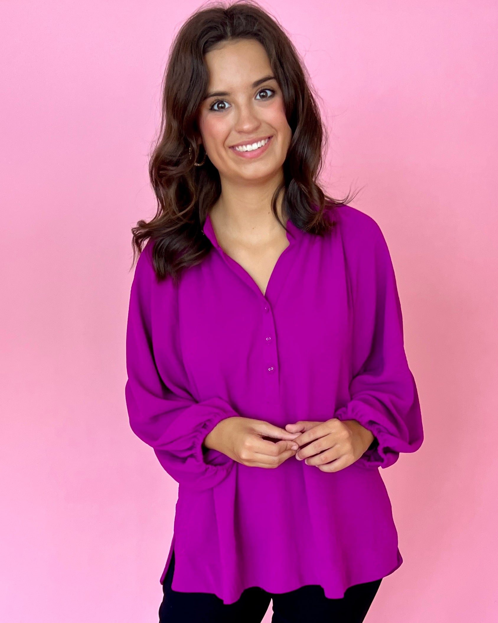 Keep It On Lock Magenta Split Neck Button Top-Shop-Womens-Boutique-Clothing