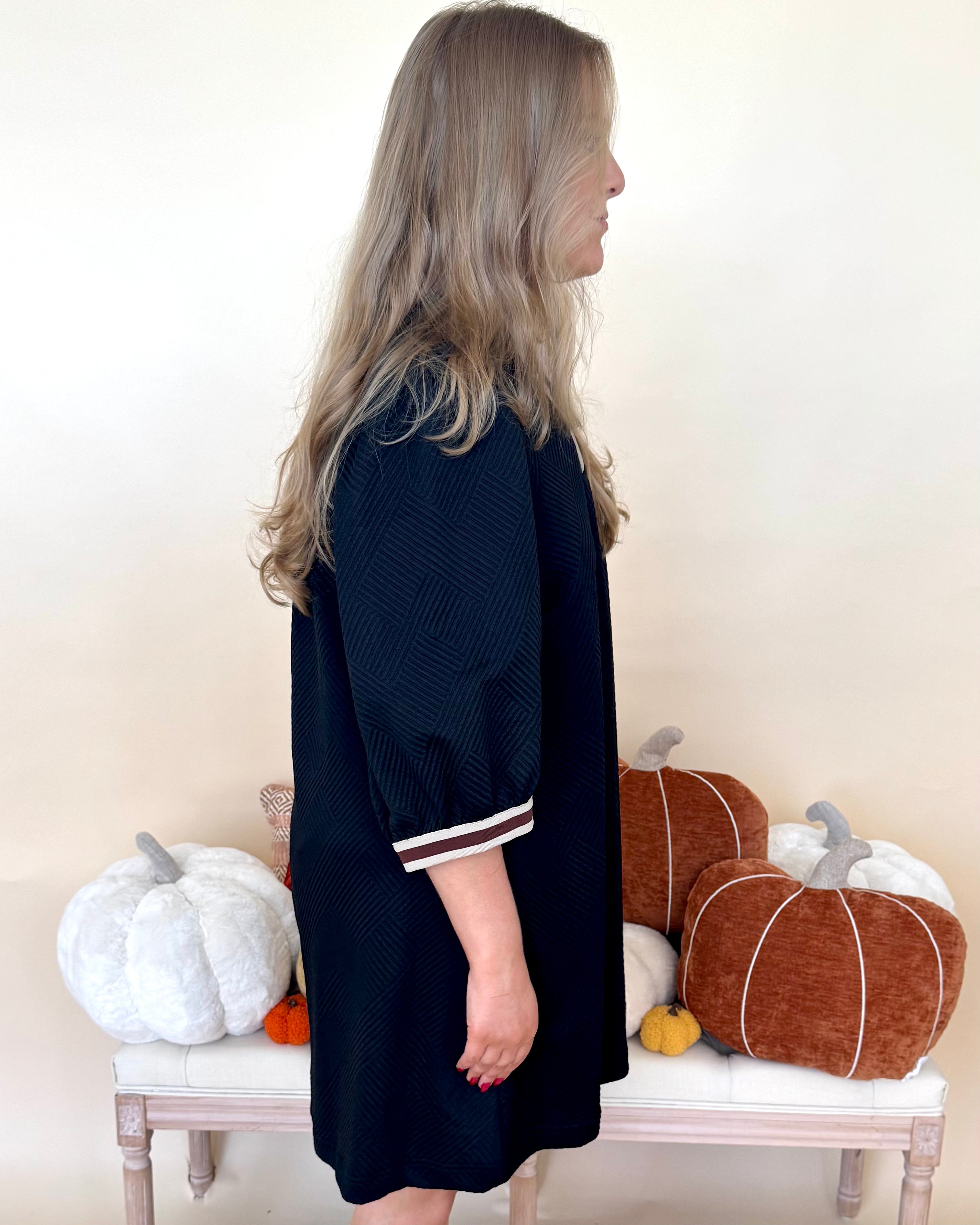 Return To It Plus Black Jacquard Stripe Dress-Shop-Womens-Boutique-Clothing