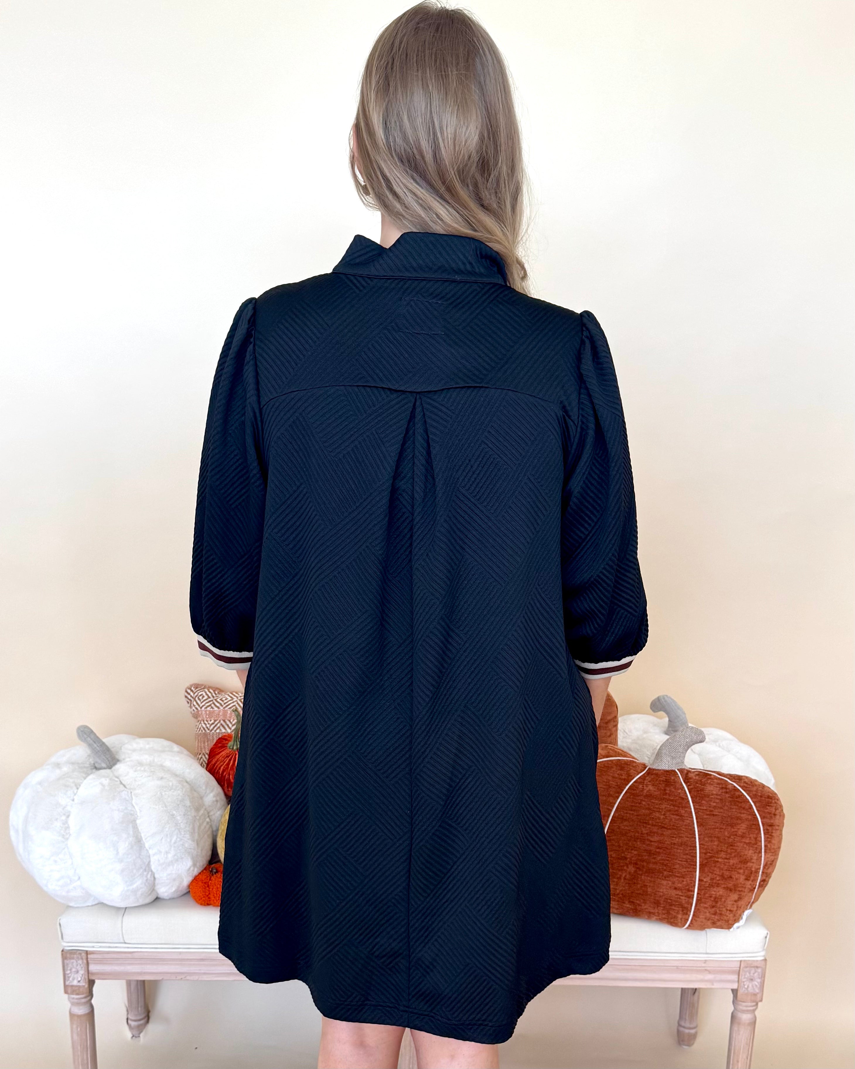 Return To It Plus Black Jacquard Stripe Dress-Shop-Womens-Boutique-Clothing