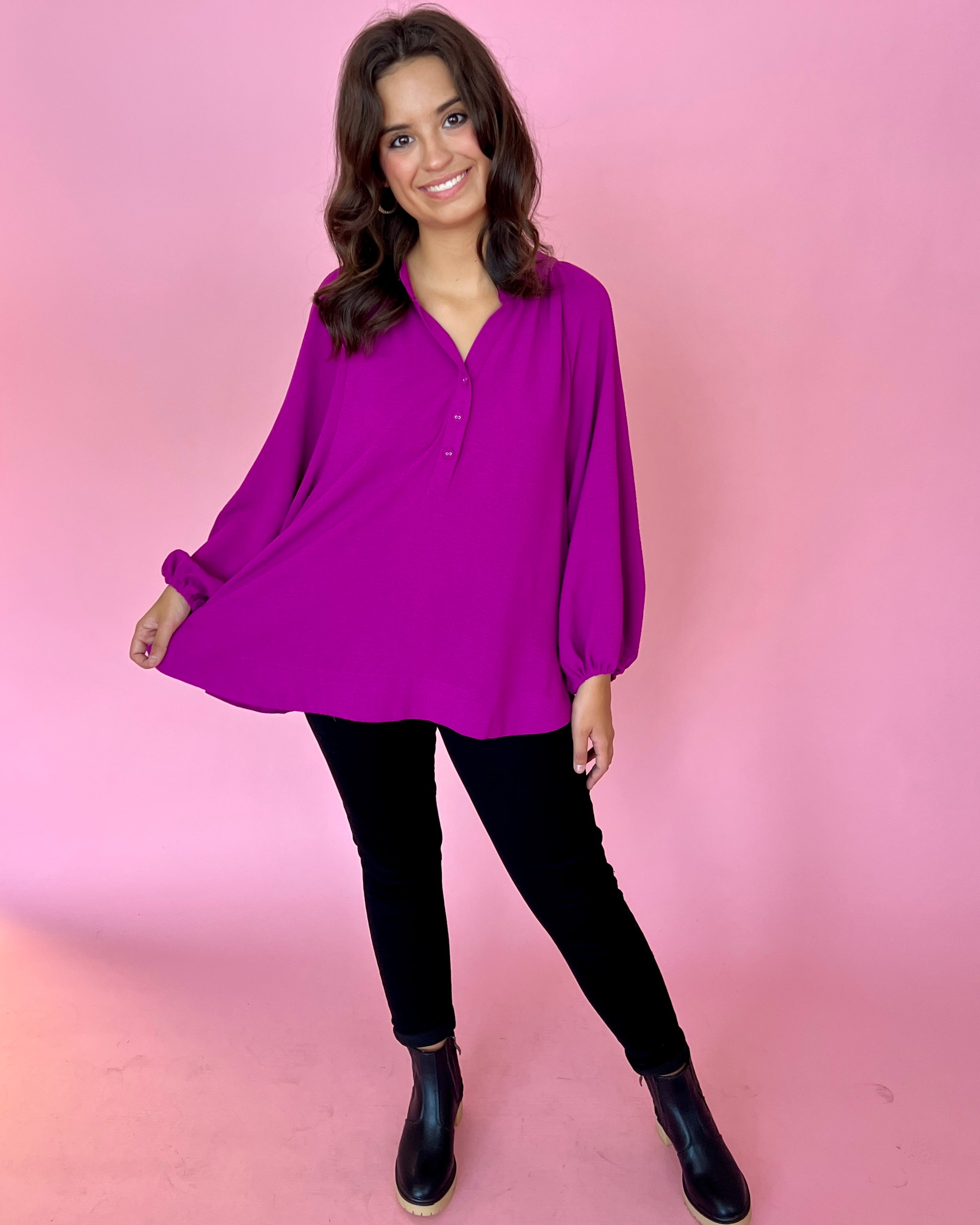Keep It On Lock Magenta Split Neck Button Top-Shop-Womens-Boutique-Clothing