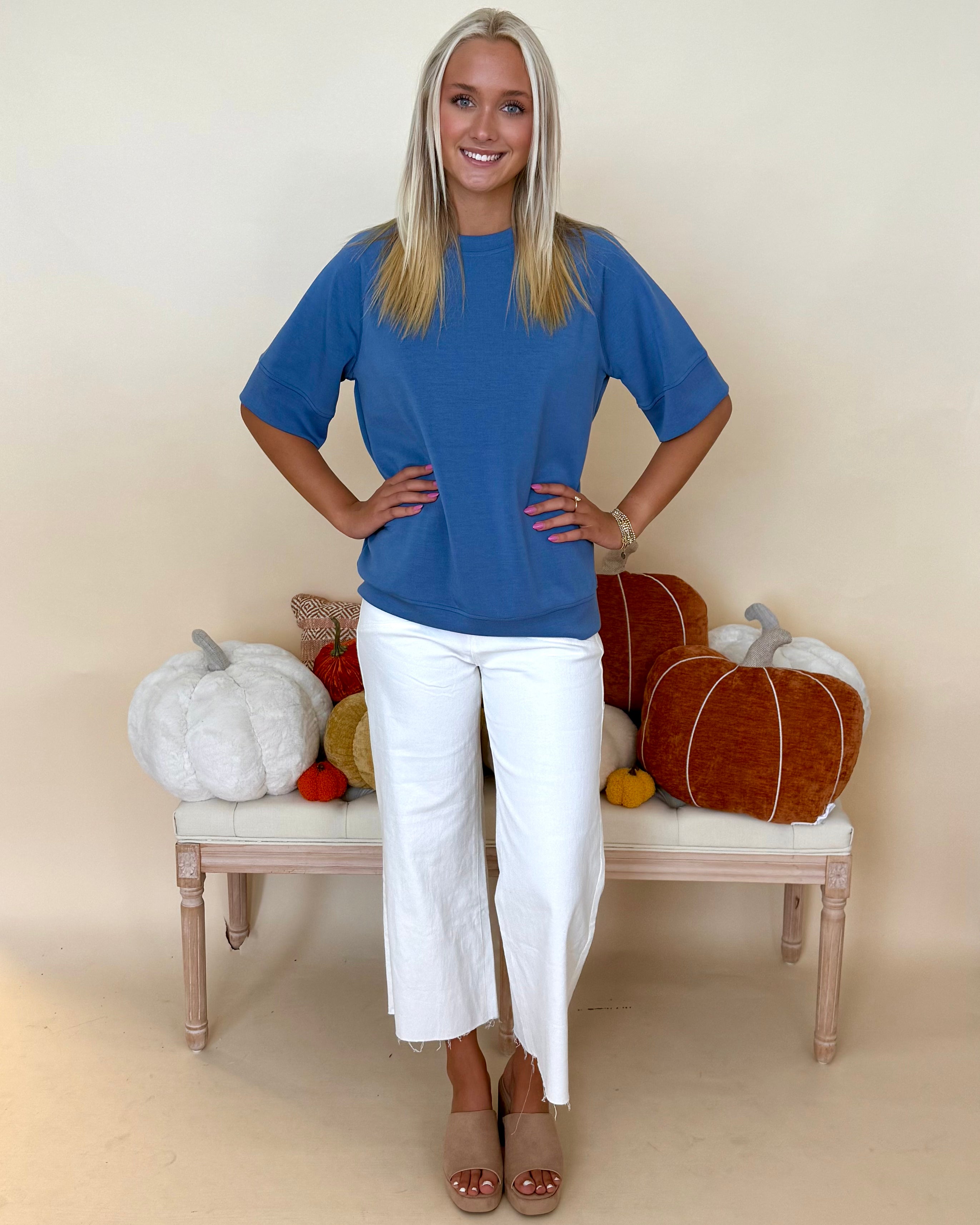 Never Better Paradise Blue Round Neck Top-Shop-Womens-Boutique-Clothing