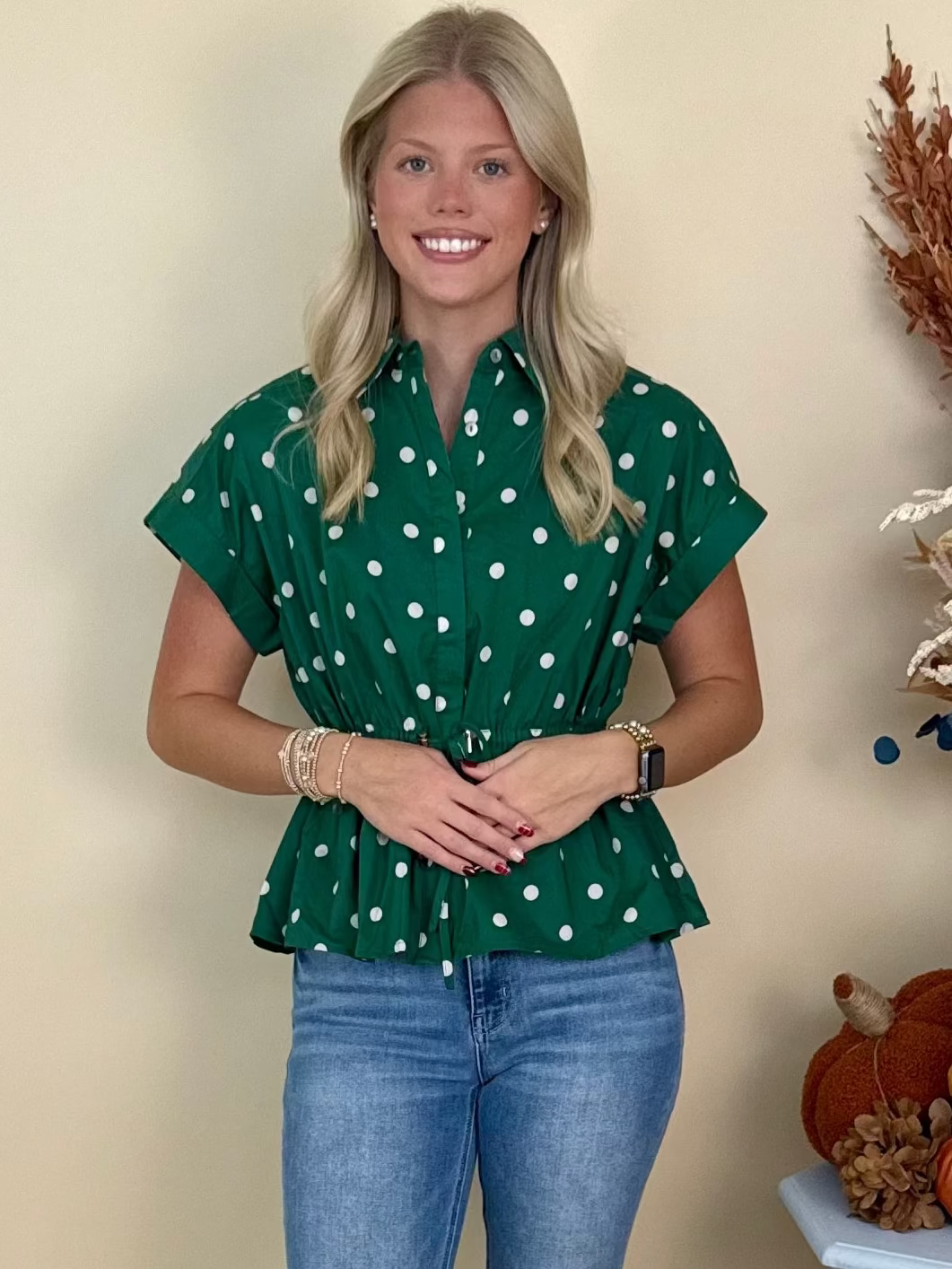 Rustic Charm Pine Polka Dot Drawstring Waist Top-Shop-Womens-Boutique-Clothing