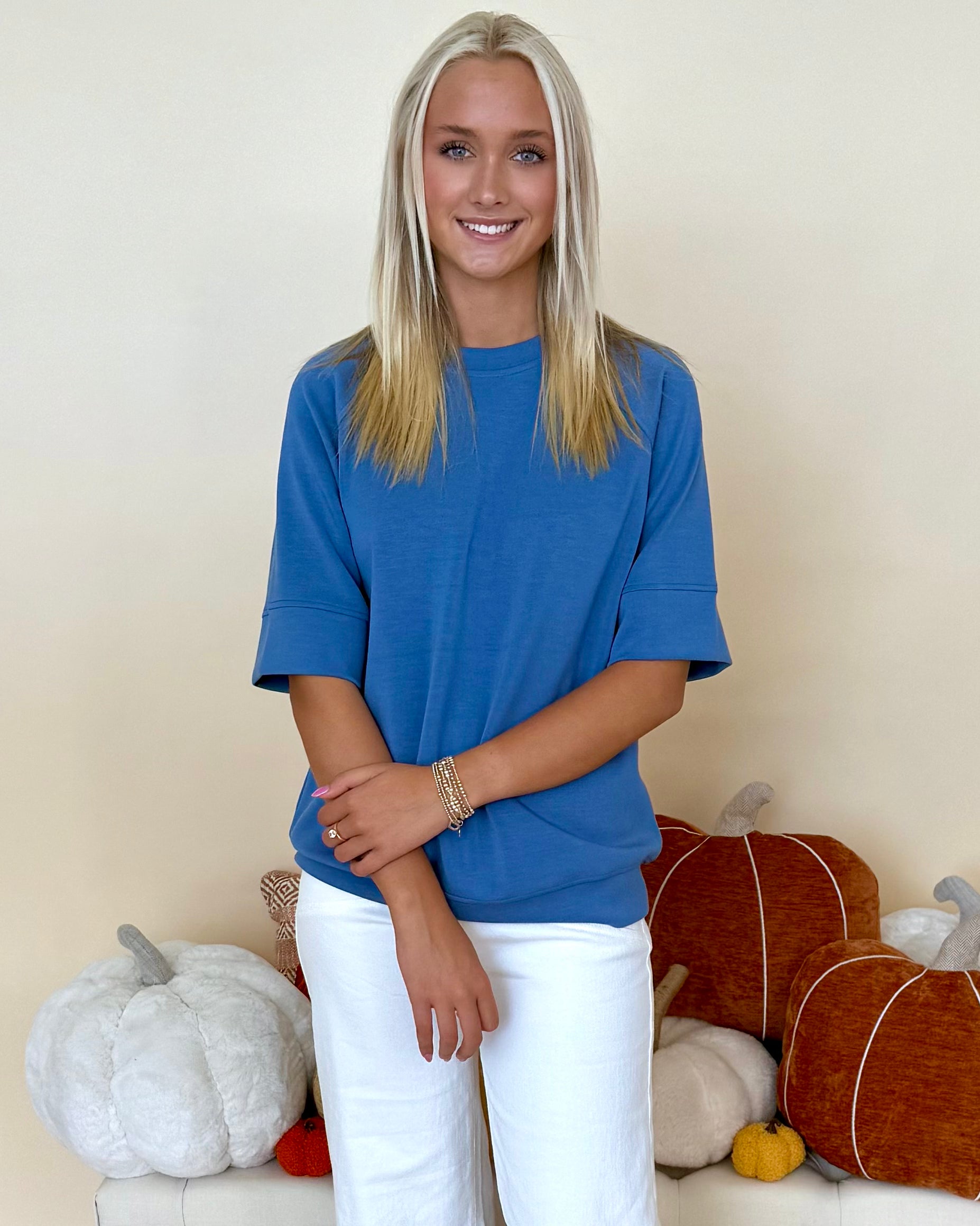 Never Better Paradise Blue Round Neck Top-Shop-Womens-Boutique-Clothing