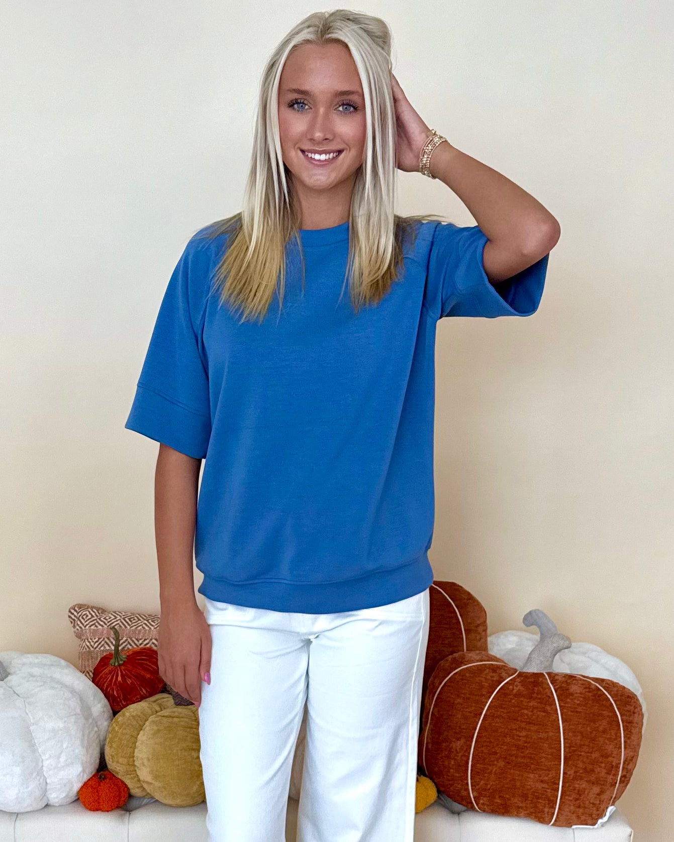 Never Better Paradise Blue Round Neck Top-Shop-Womens-Boutique-Clothing
