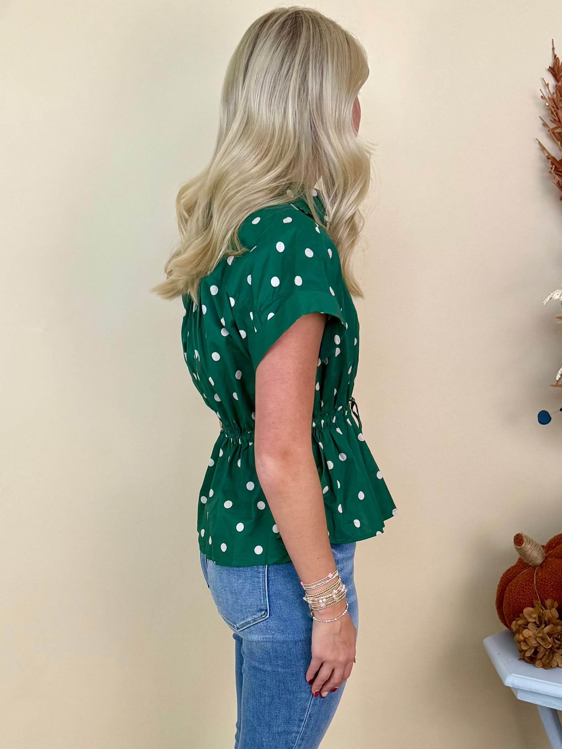 Rustic Charm Pine Polka Dot Drawstring Waist Top-Shop-Womens-Boutique-Clothing