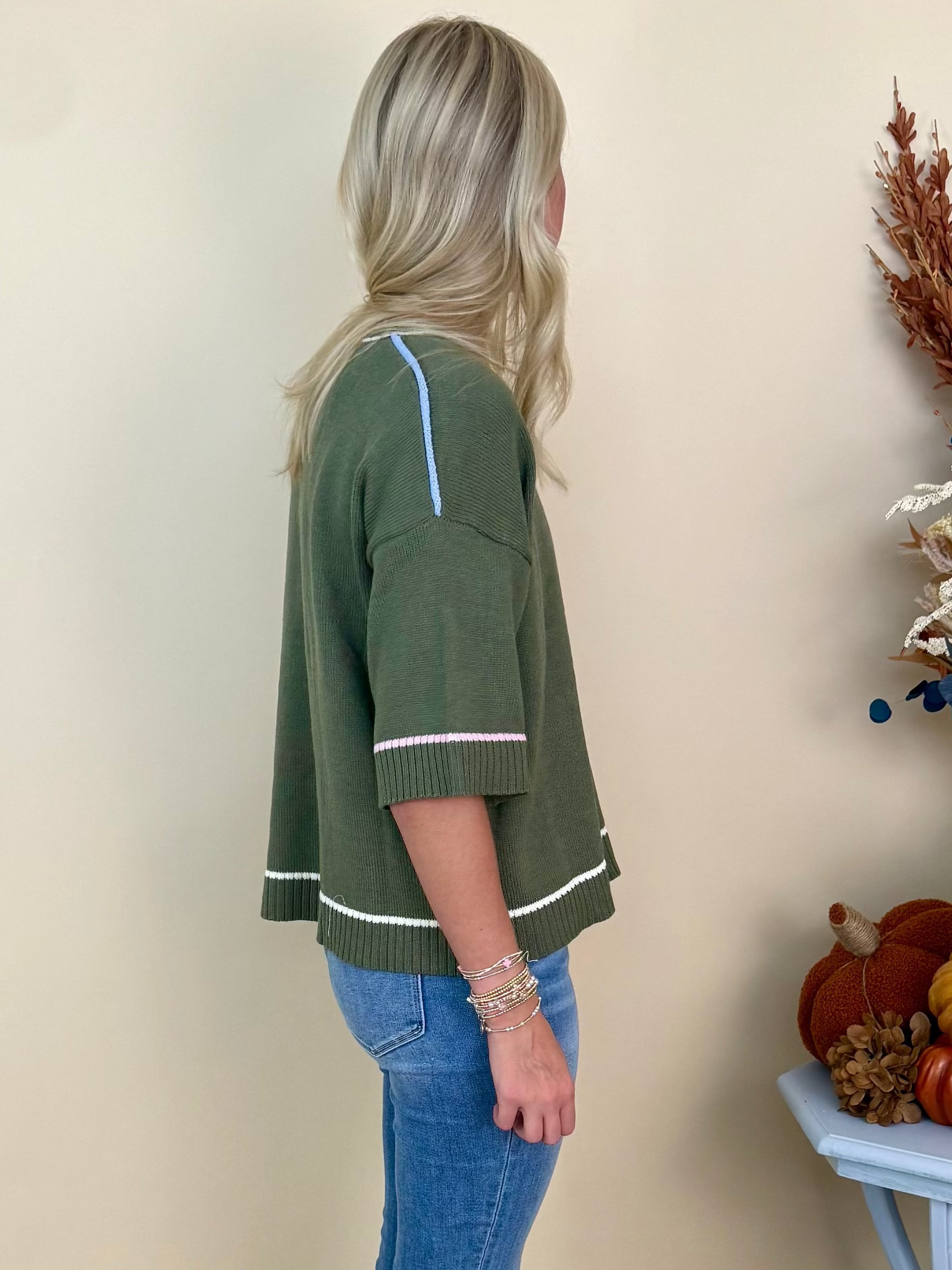 Hey, Pumpkin Olive Half Sleeve Contrast Sweater-Shop-Womens-Boutique-Clothing
