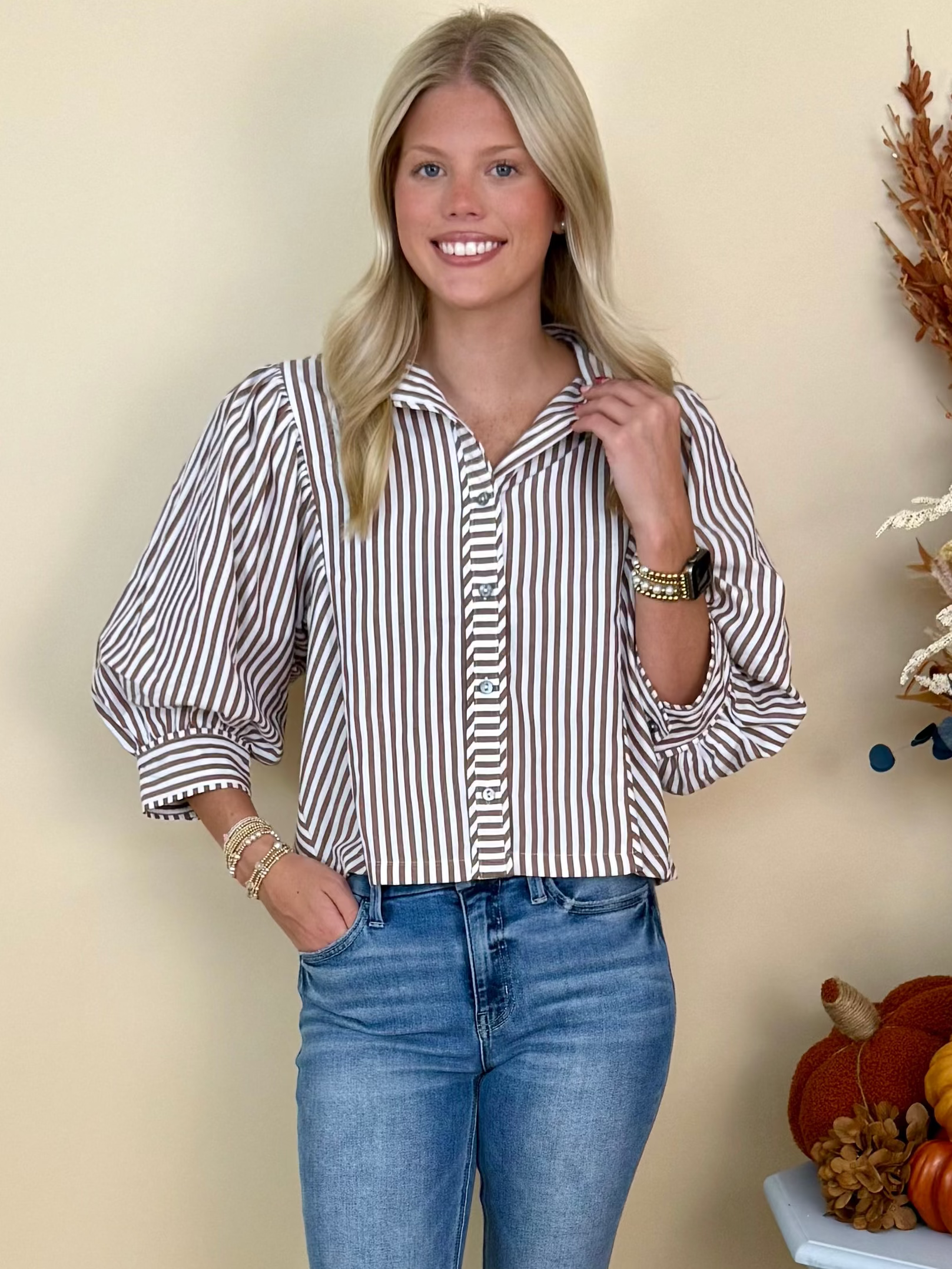 Falling Leaves Brown Striped Button Front Top-Shop-Womens-Boutique-Clothing
