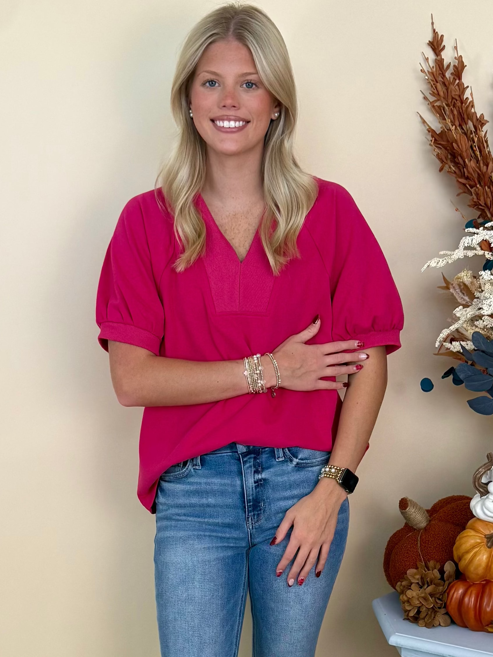 Made for More Magenta Rib Contrast V-Neck Top-Shop-Womens-Boutique-Clothing