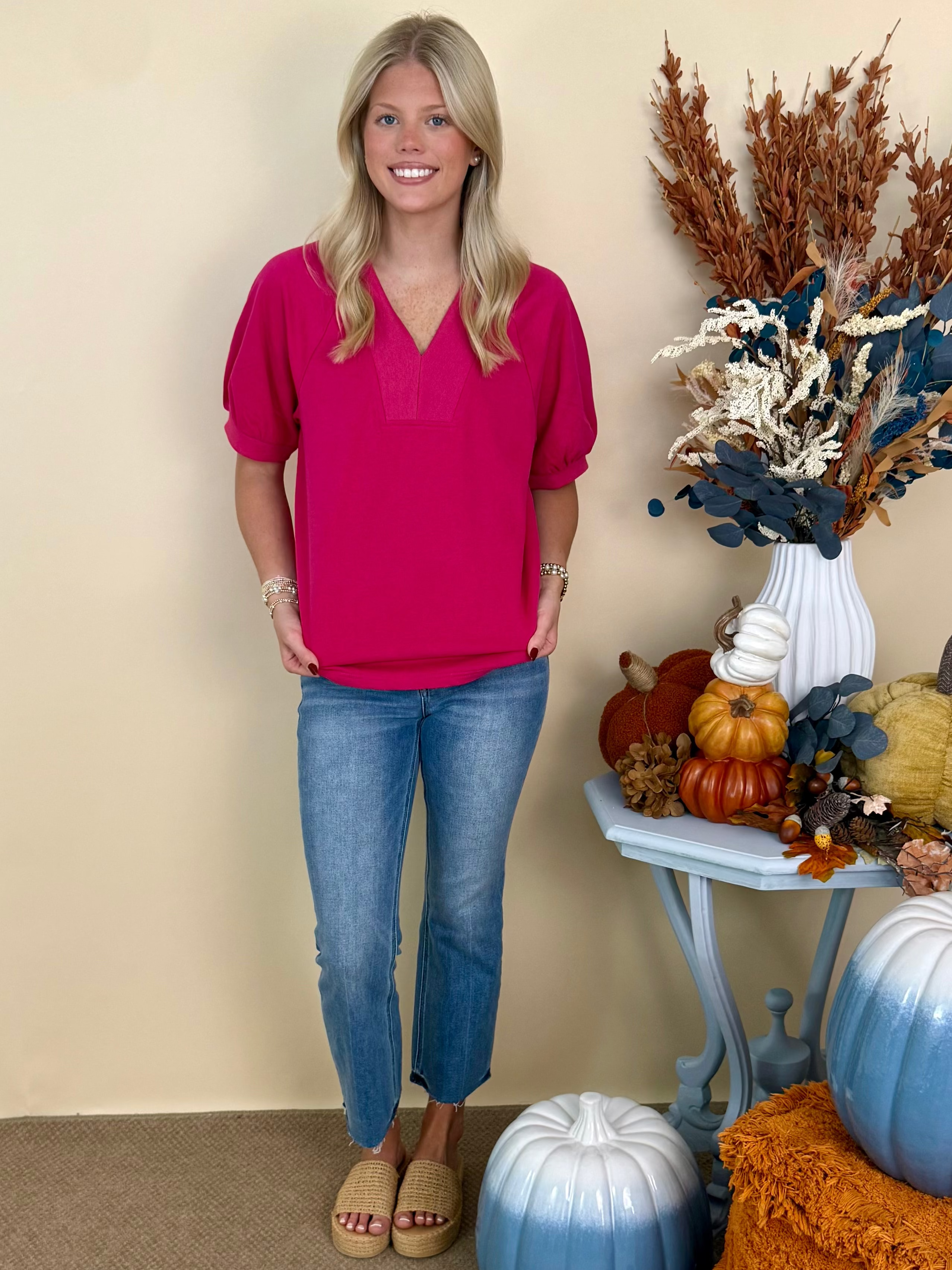 Made for More Magenta Rib Contrast V-Neck Top-Shop-Womens-Boutique-Clothing