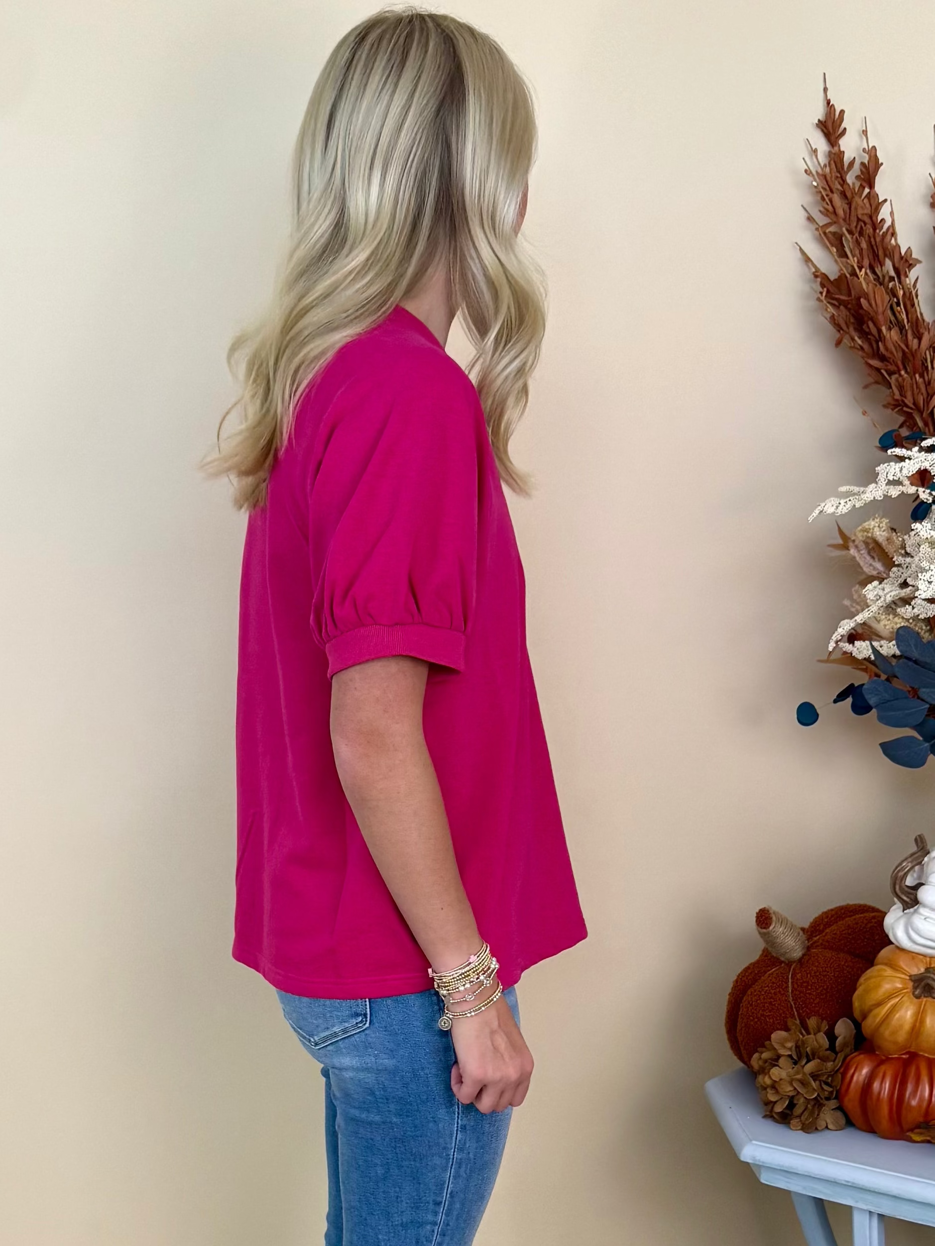 Made for More Magenta Rib Contrast V-Neck Top-Shop-Womens-Boutique-Clothing