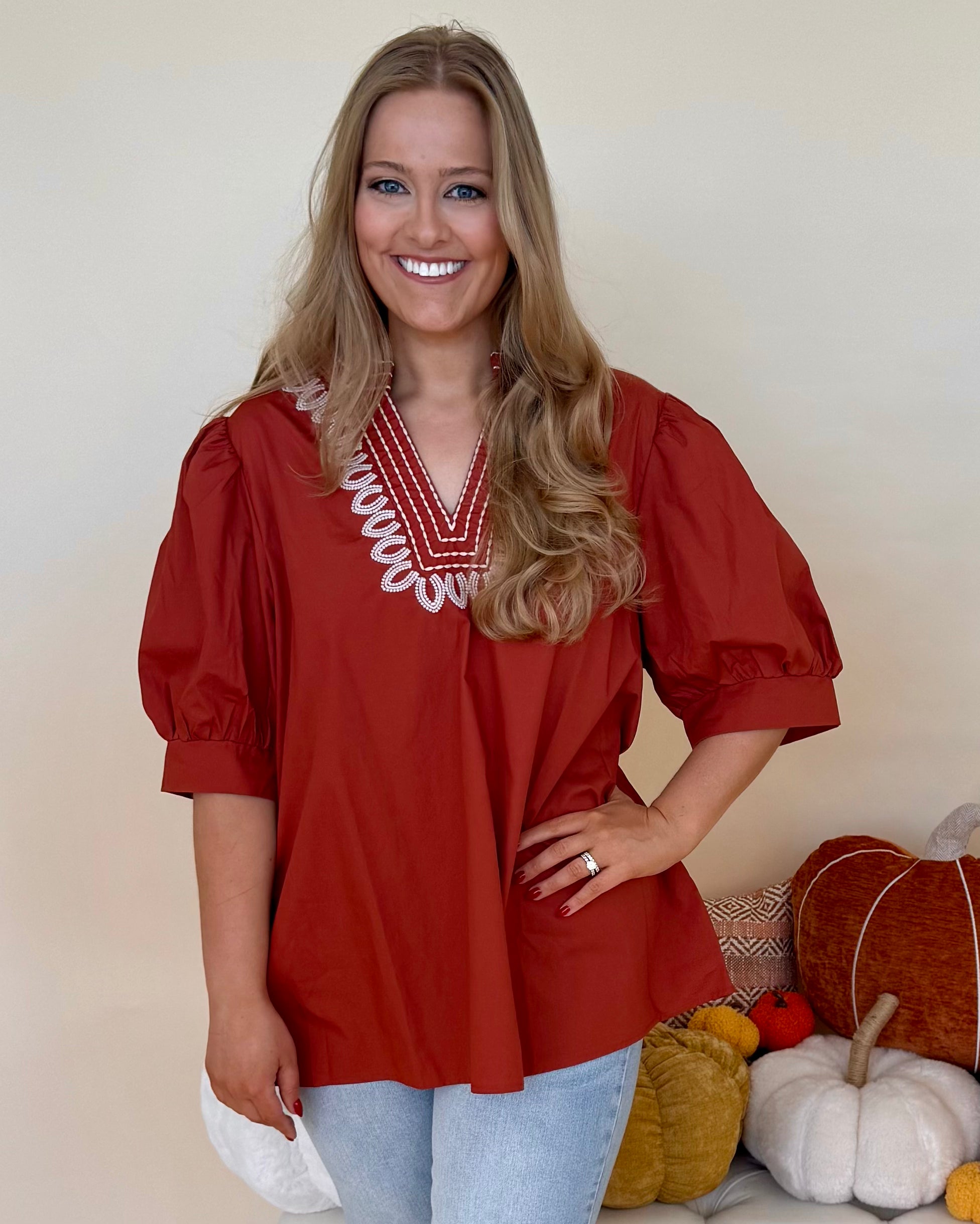 Midnight Dreams Rust Plus Embroidered Top-Shop-Womens-Boutique-Clothing