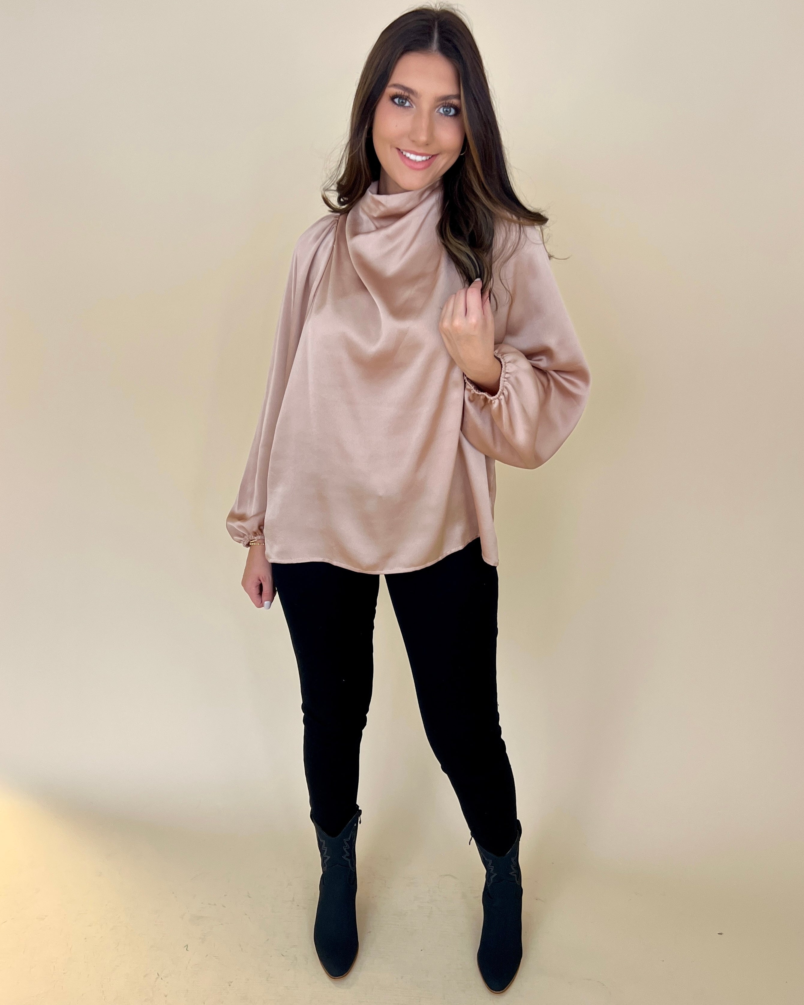 Lovely Day Taupe Satin Cowl Top-Shop-Womens-Boutique-Clothing