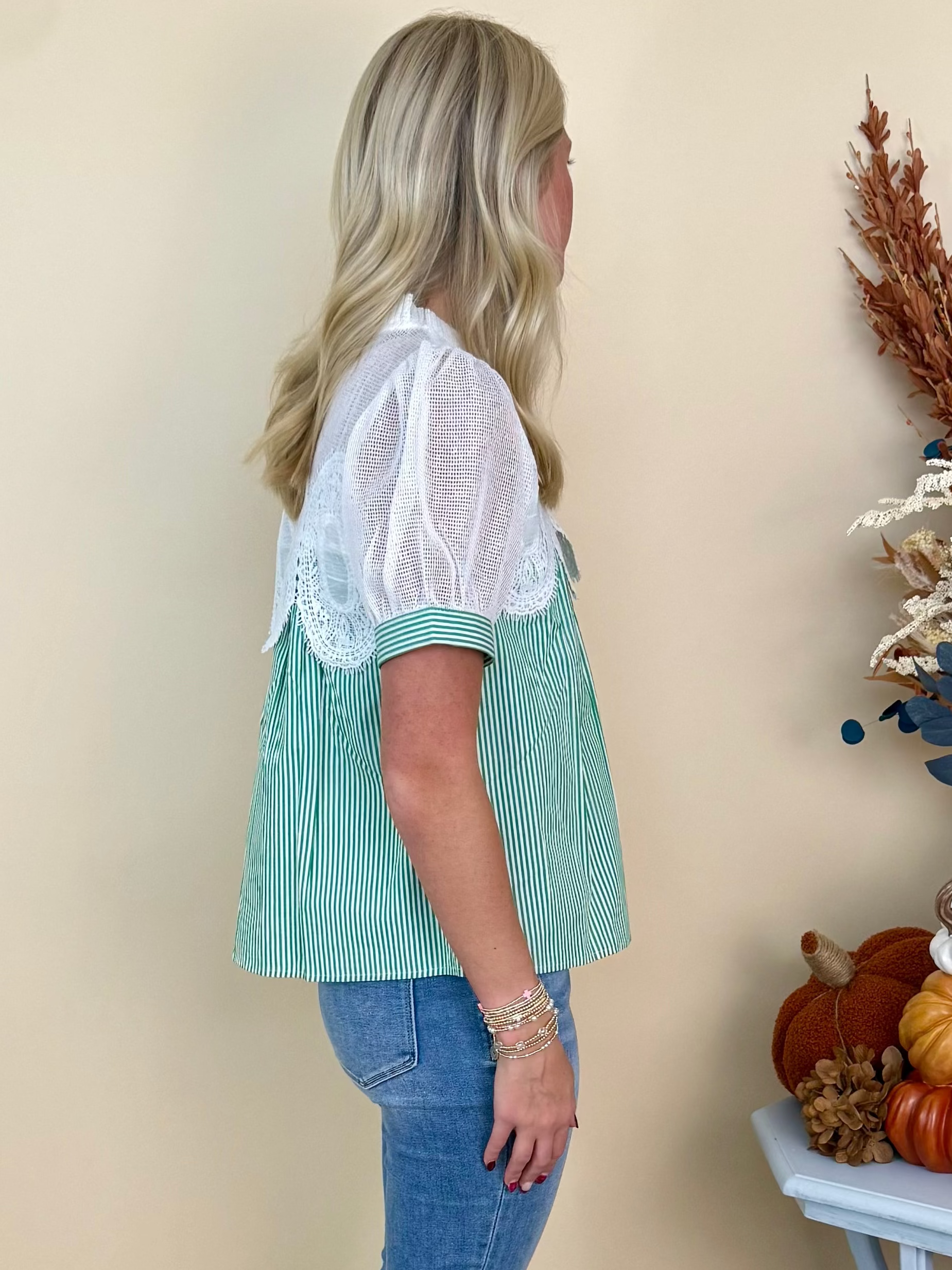 Daydream Believer Green Striped Crochet Accent Puff Sleeve Top-Shop-Womens-Boutique-Clothing
