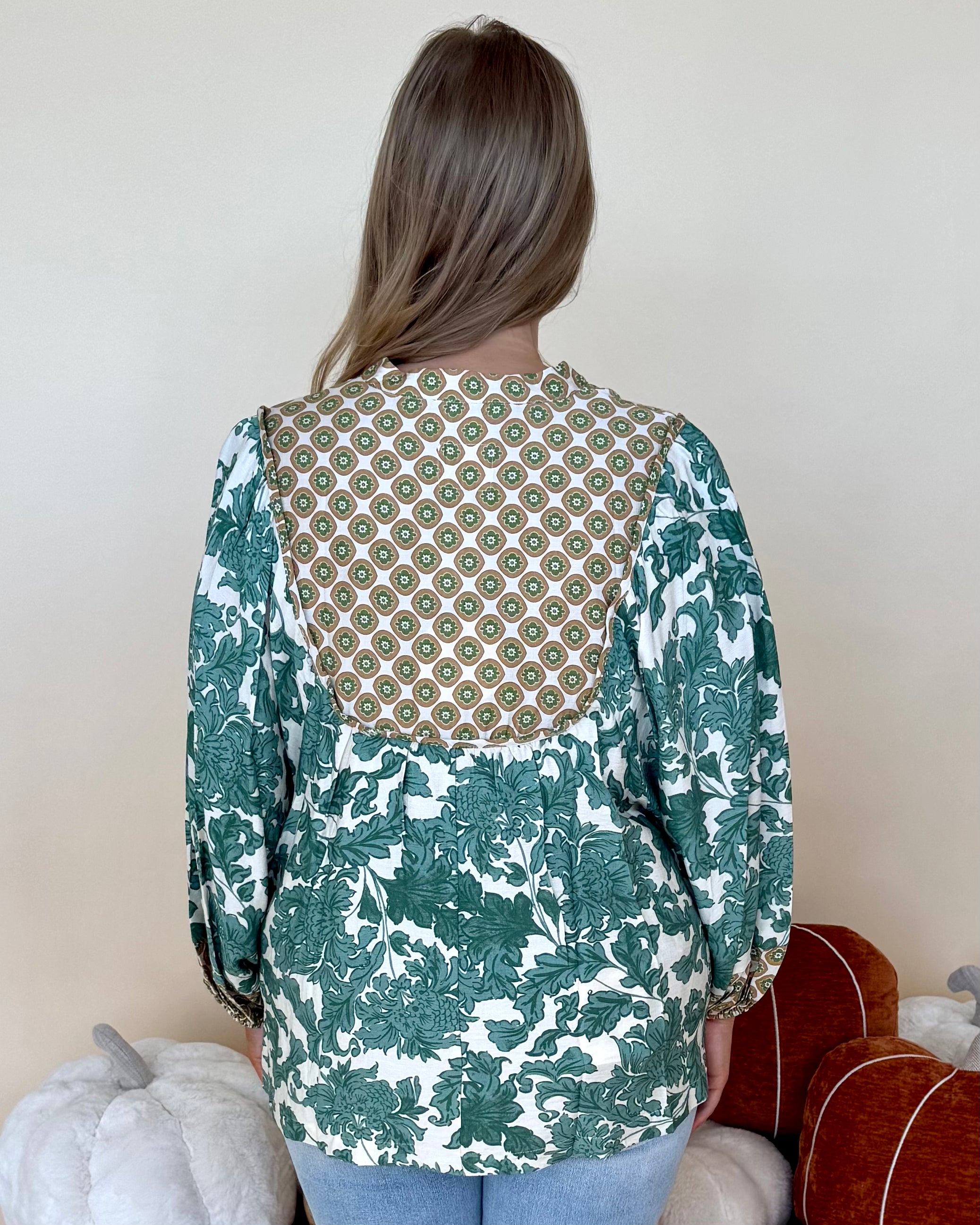Work It Out Green Plus Abstract Yoke Top-Shop-Womens-Boutique-Clothing