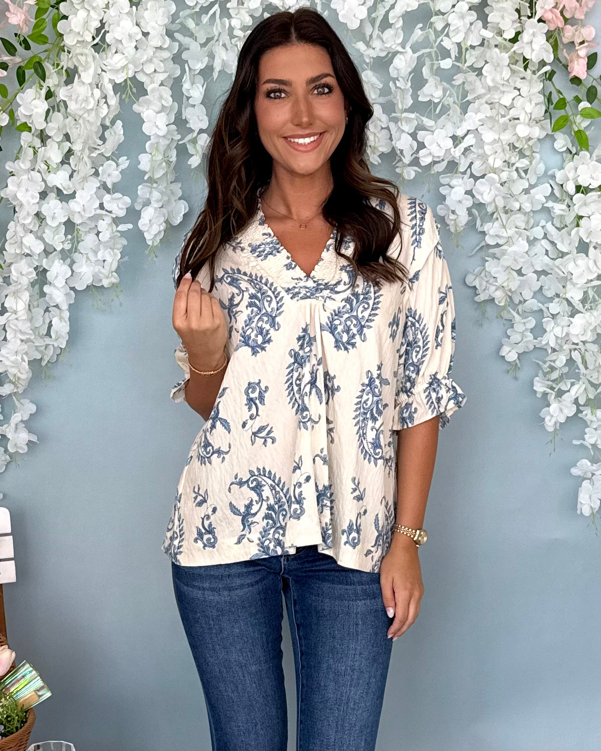 Countryside Stroll Blue Mix Paisley V-Neck Top-Shop-Womens-Boutique-Clothing