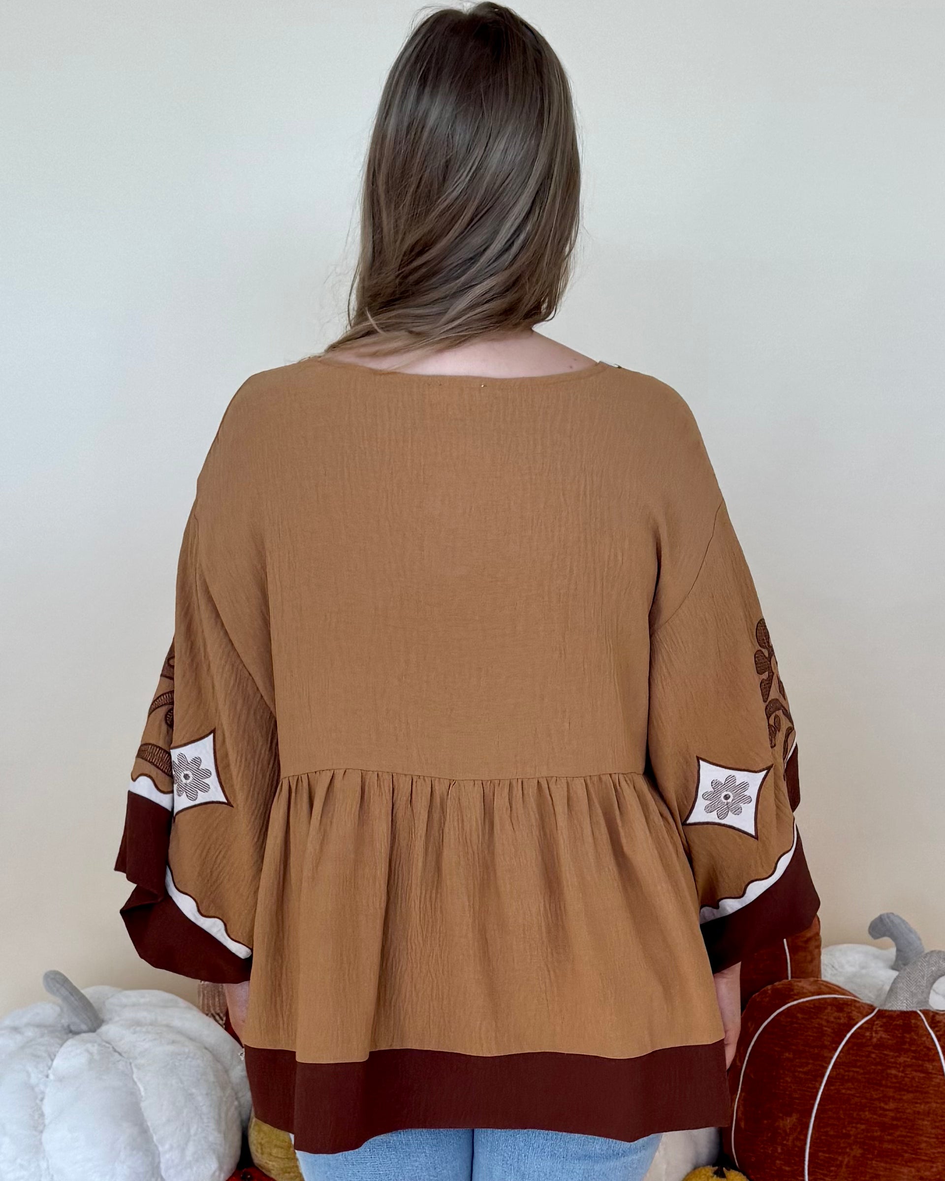 Staying Hopeful Chestnut Plus Embroidered Contrast Top-Shop-Womens-Boutique-Clothing