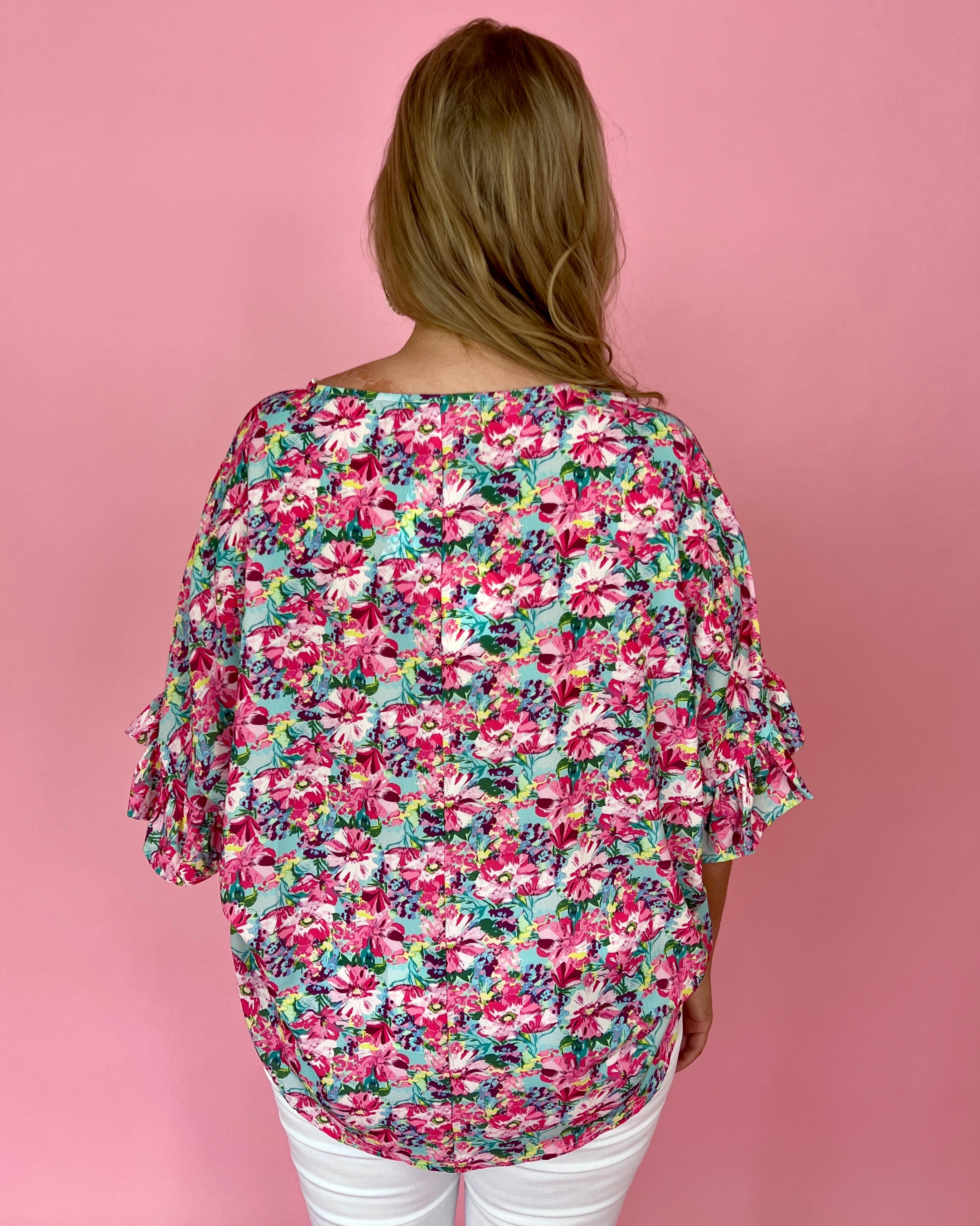 Fun In The Sun Mint Plus Printed High Low Ruffle Sleeve Top-Shop-Womens-Boutique-Clothing