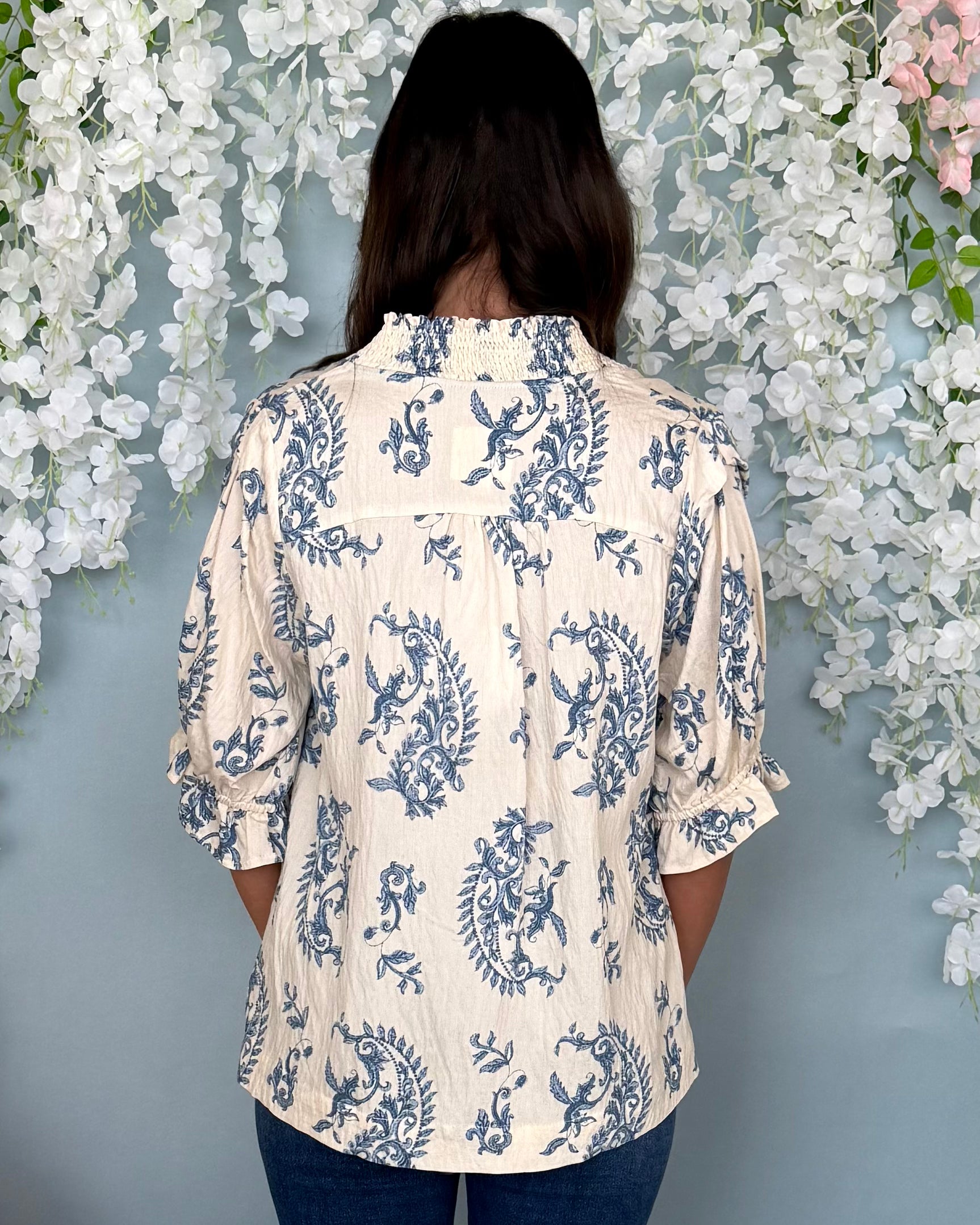 Countryside Stroll Blue Mix Paisley V-Neck Top-Shop-Womens-Boutique-Clothing