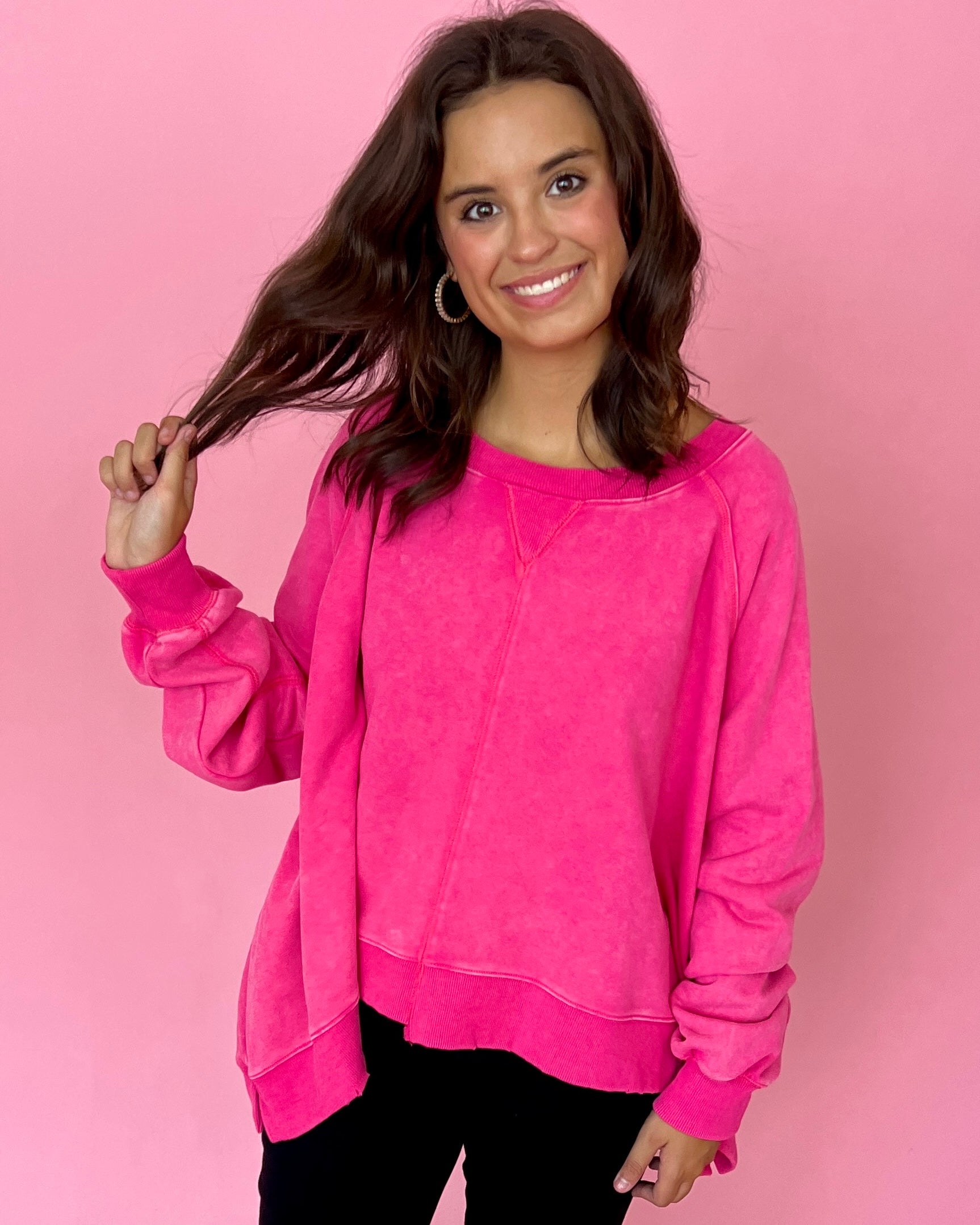 Always There For You Hot Pink Distressed Sweatshirt-Shop-Womens-Boutique-Clothing