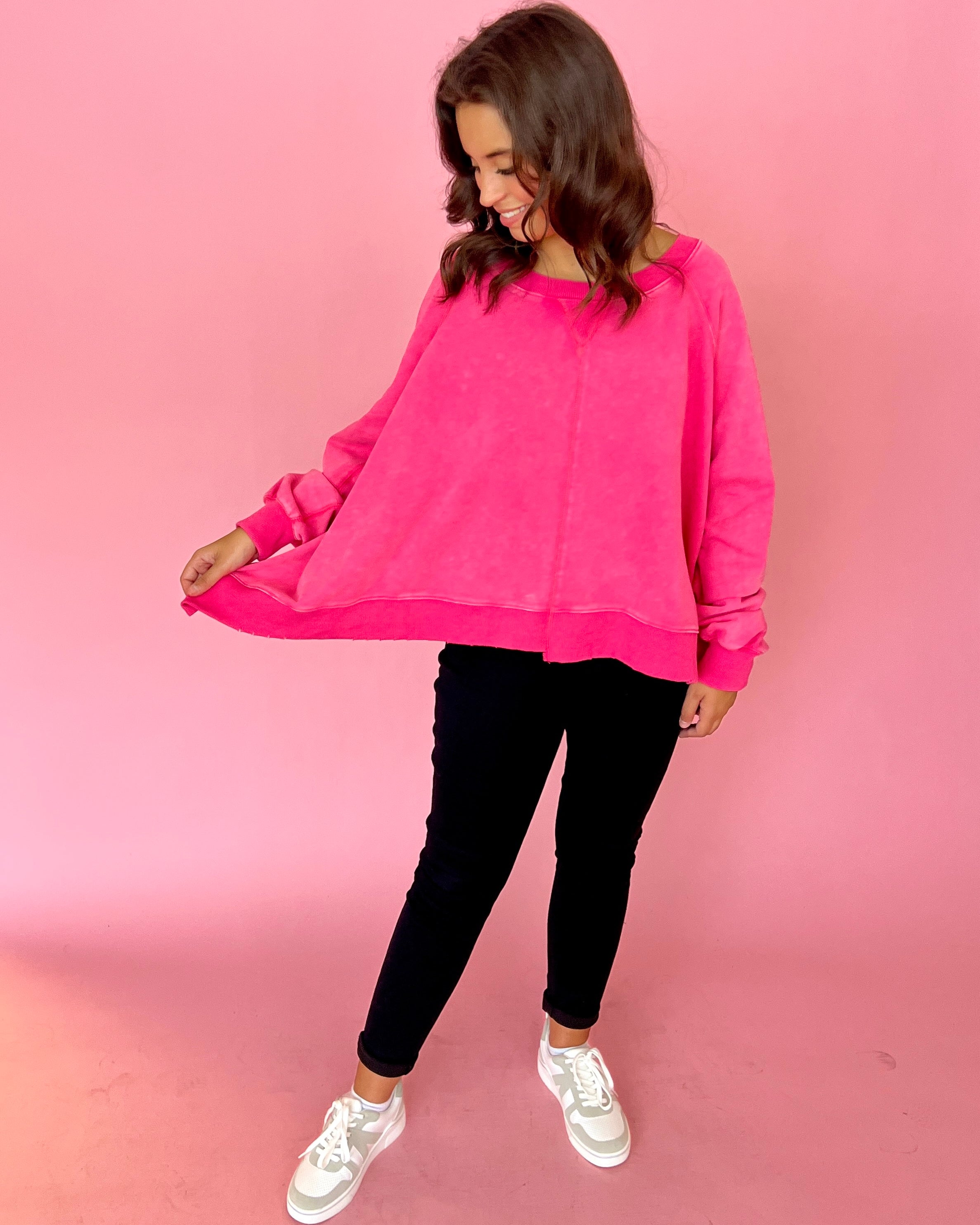 Always There For You Hot Pink Distressed Sweatshirt-Shop-Womens-Boutique-Clothing
