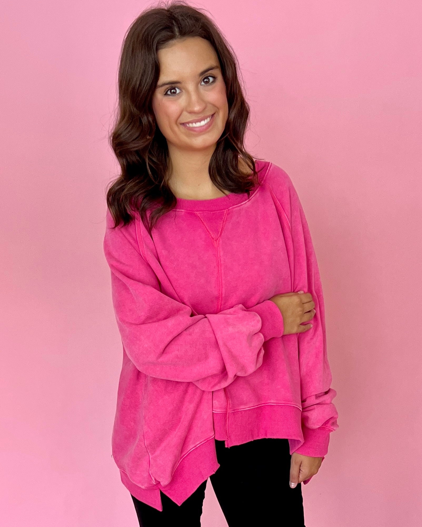 Always There For You Hot Pink Distressed Sweatshirt-Shop-Womens-Boutique-Clothing