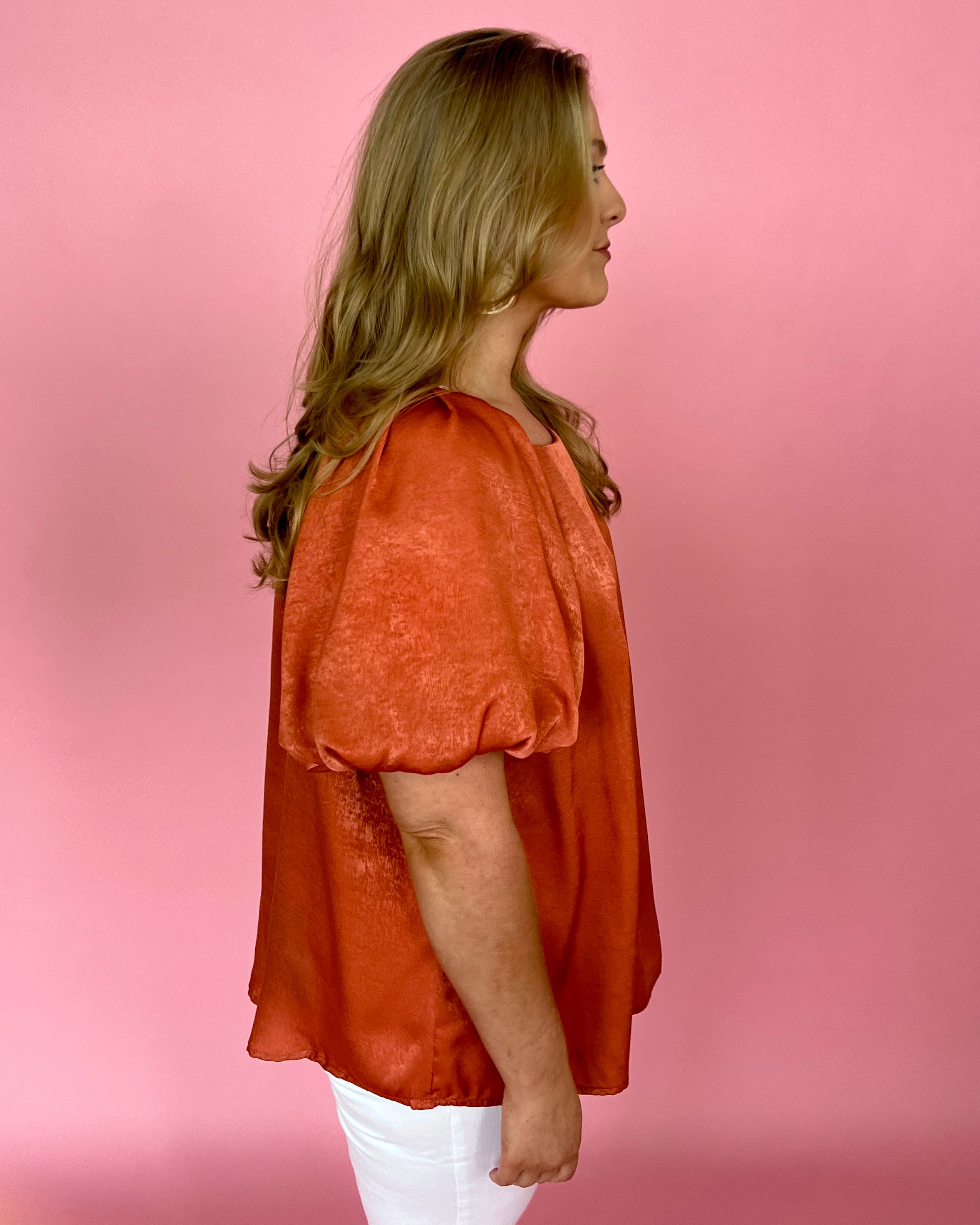 Like A Dream Sunset Plus Satin Puff Sleeve Top-Shop-Womens-Boutique-Clothing