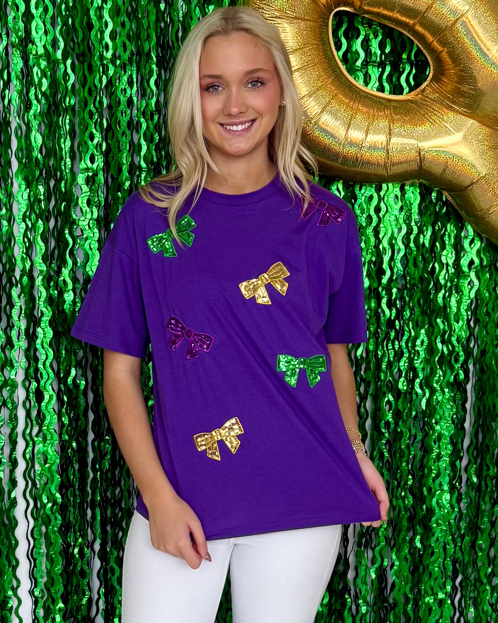 Slow Flow Purple Mardi Gras Bow Sequin Top-Shop-Womens-Boutique-Clothing