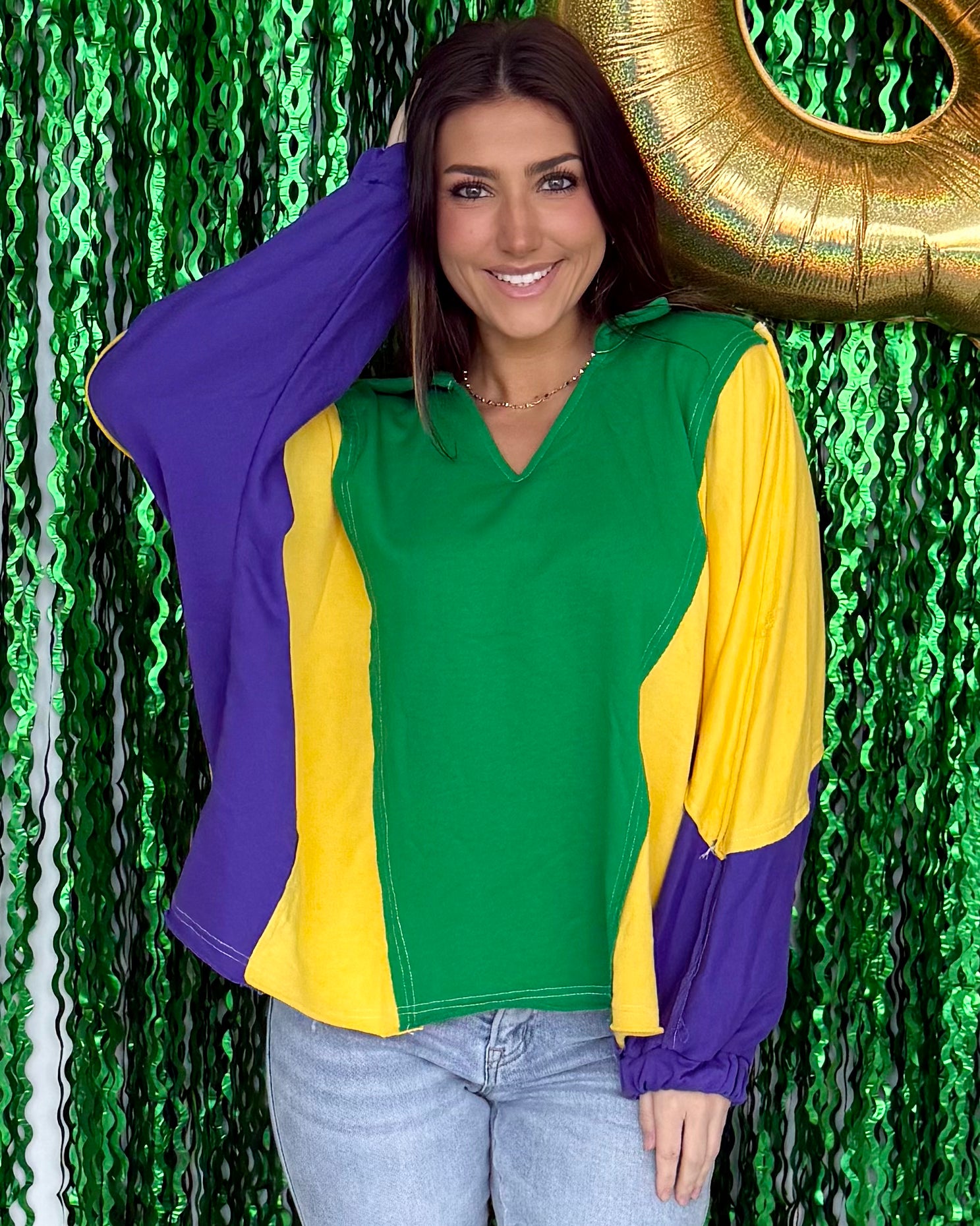 Mardi Vibes Green Mustard Purple Collared Top-Shop-Womens-Boutique-Clothing