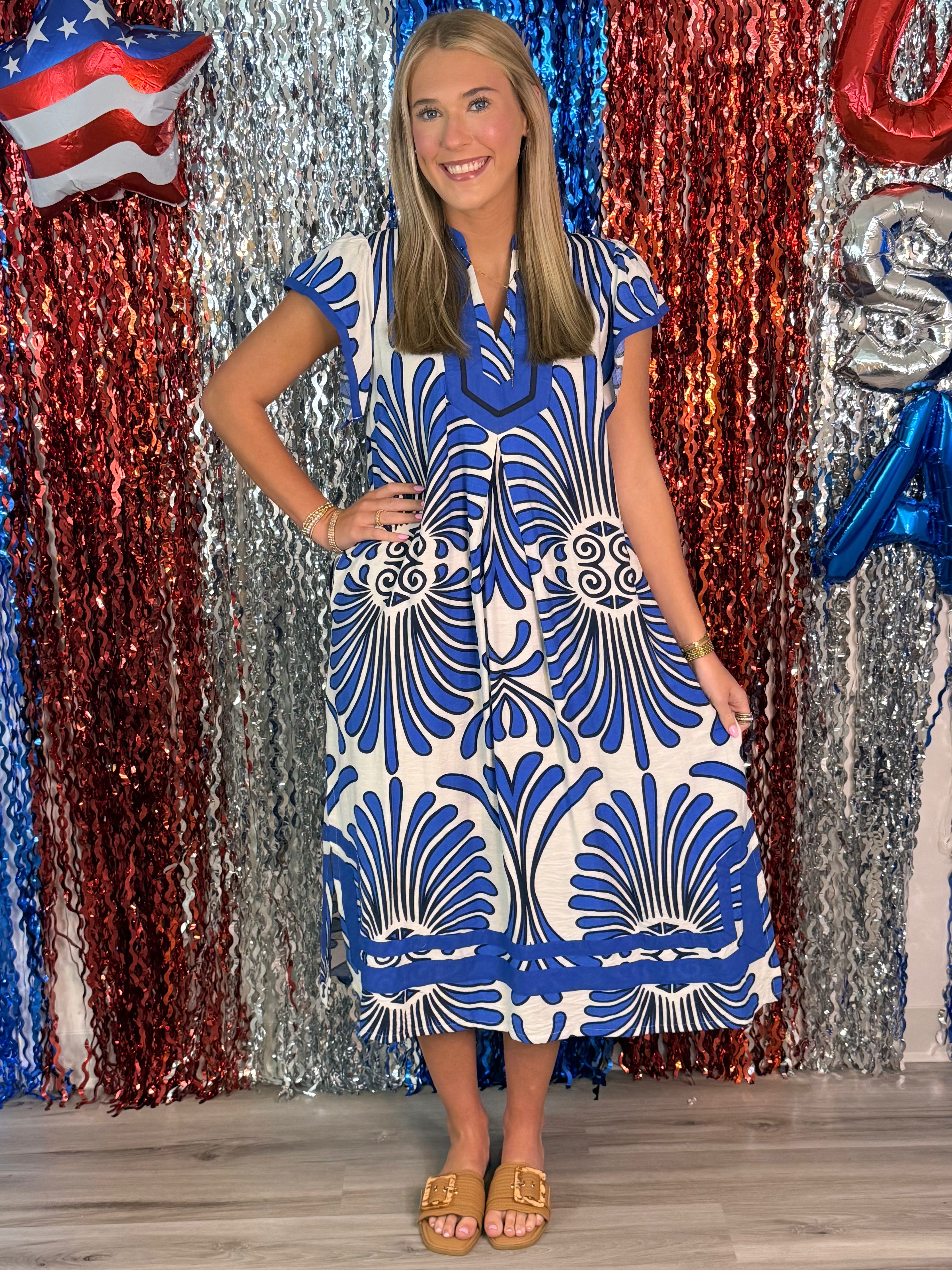 Time For Fun Blue Mix Abstract Midi Dress-Shop-Womens-Boutique-Clothing