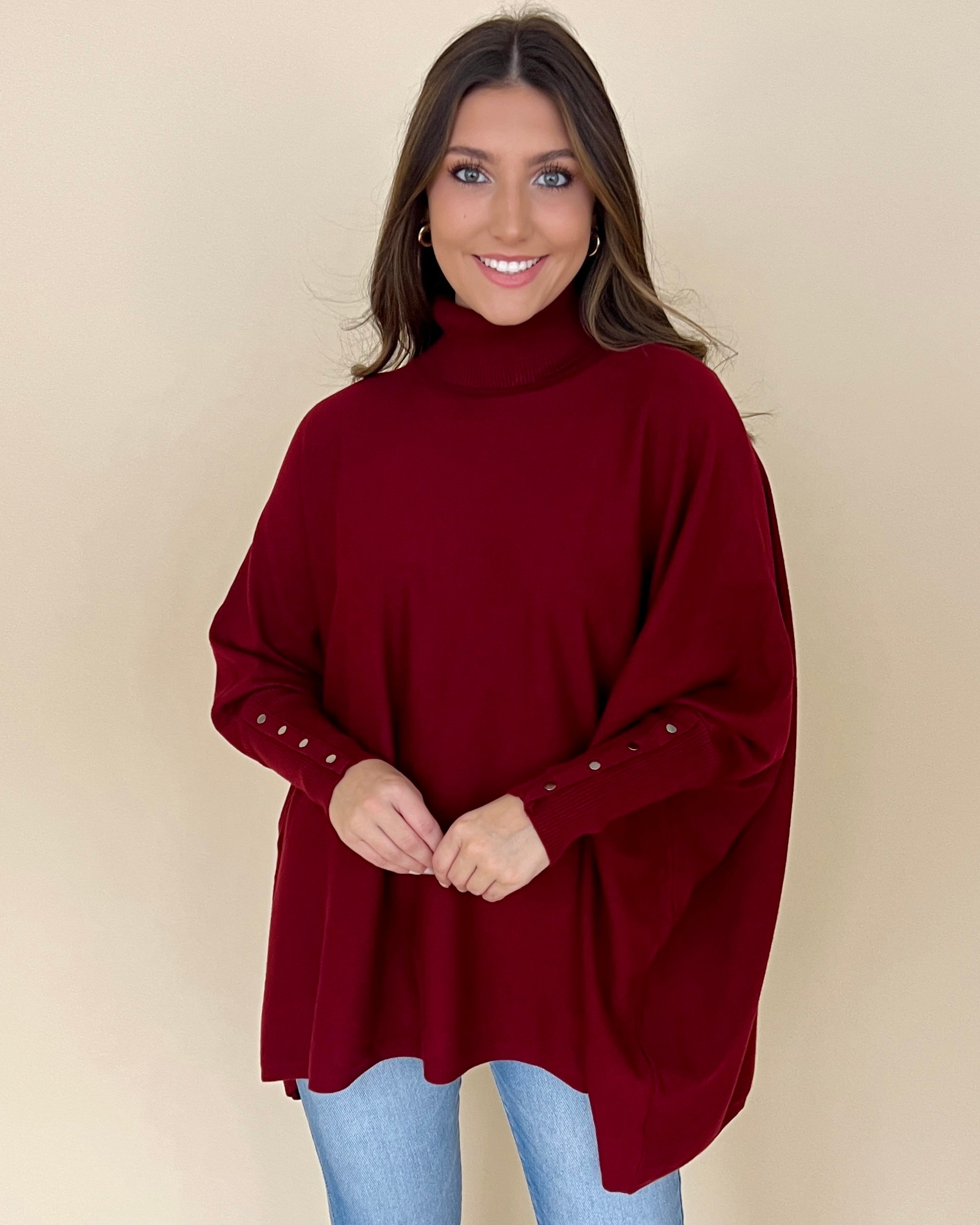Lovely Chill Merlot Button Cuff Turtle Neck Top-Shop-Womens-Boutique-Clothing