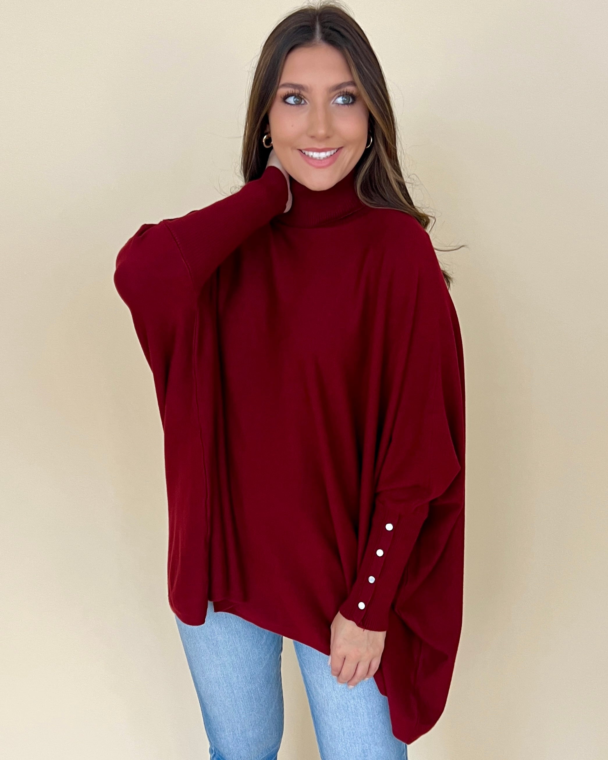 Lovely Chill Merlot Button Cuff Turtle Neck Top-Shop-Womens-Boutique-Clothing